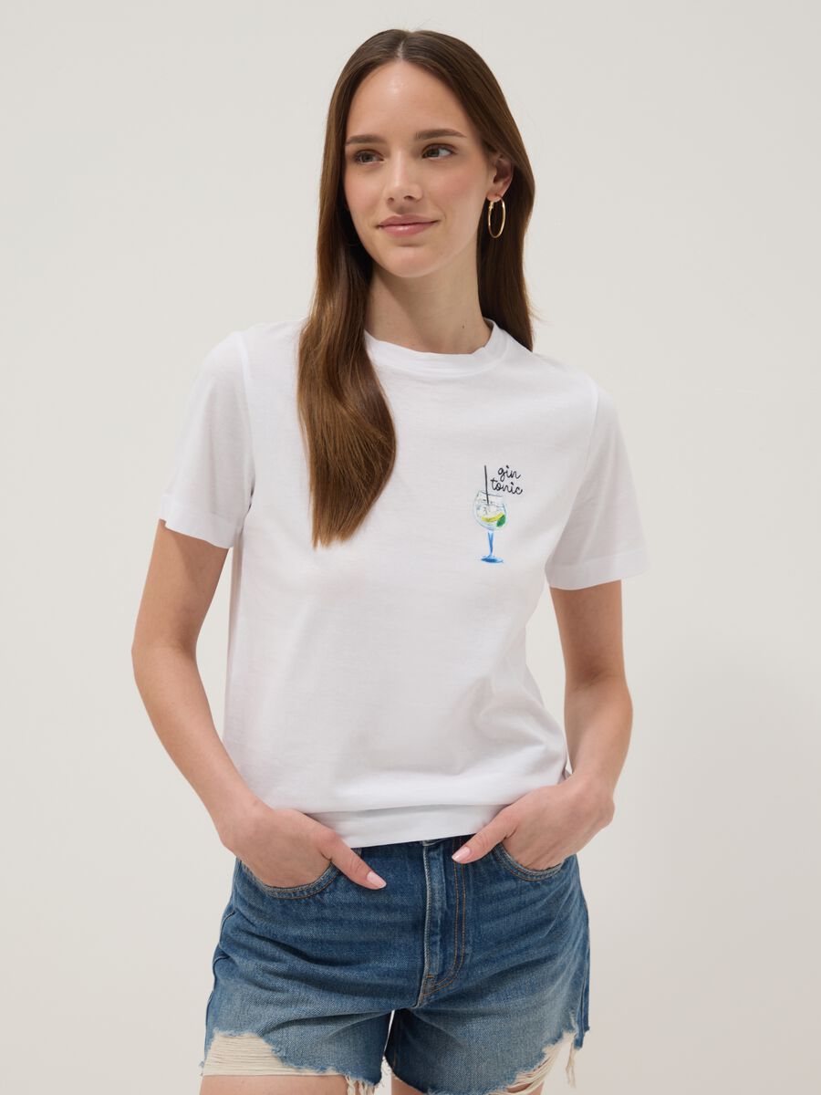 White pure cotton T-shirt with print, regular fit_0