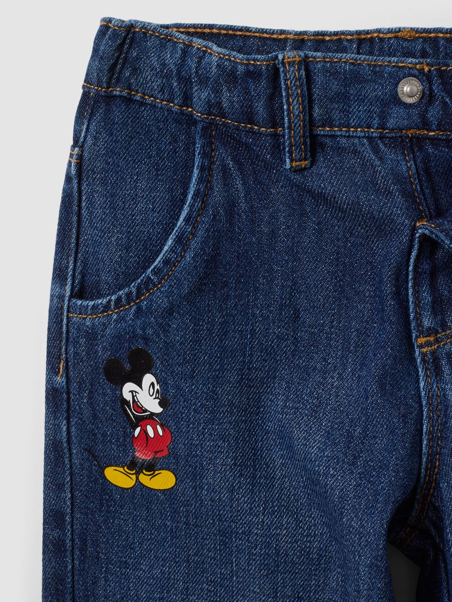 Blue cotton-viscose blend jeans with Mickey print, baggy fit for baby boy_3