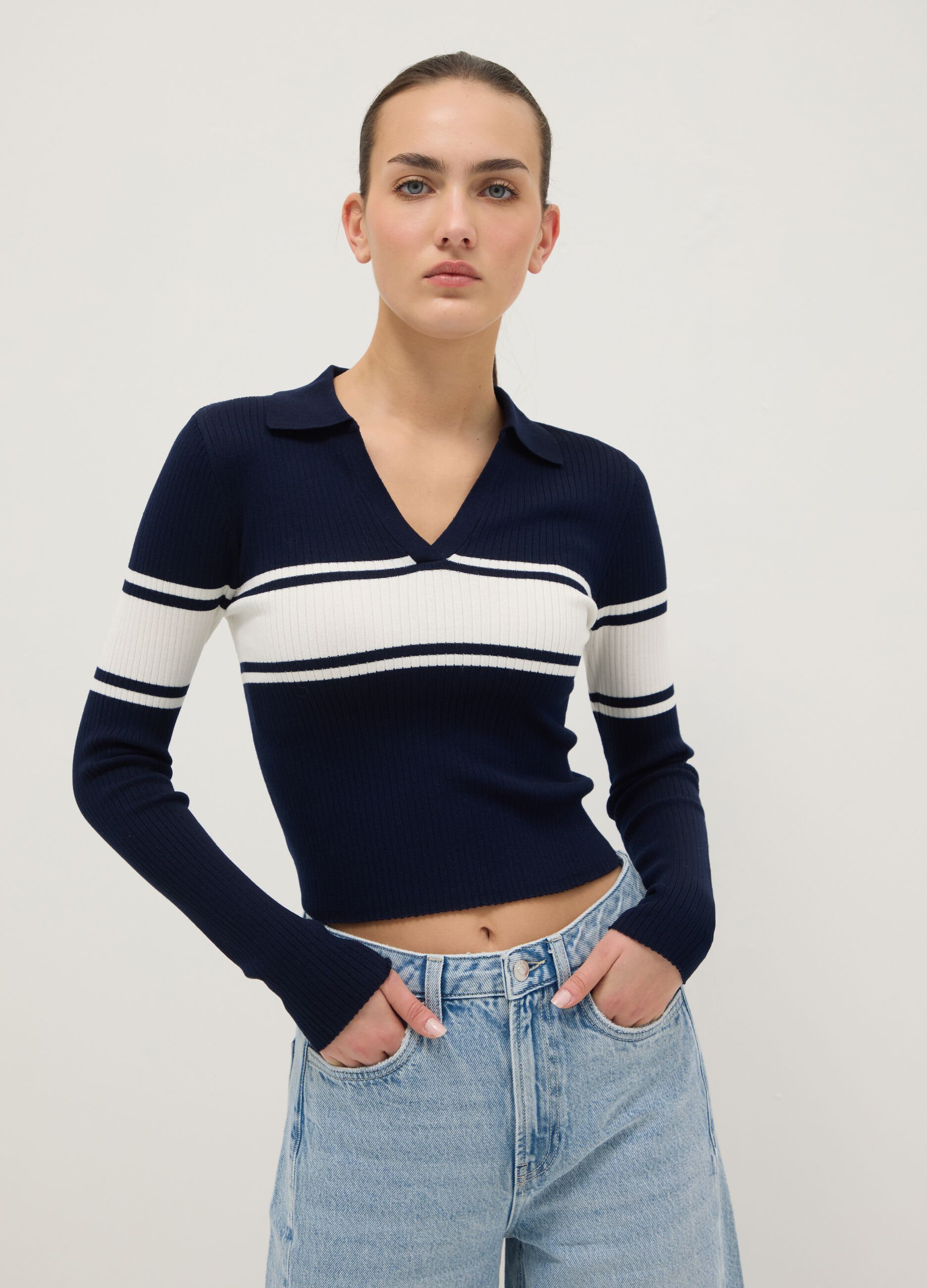 Blue sweater with polo collar in viscose blend