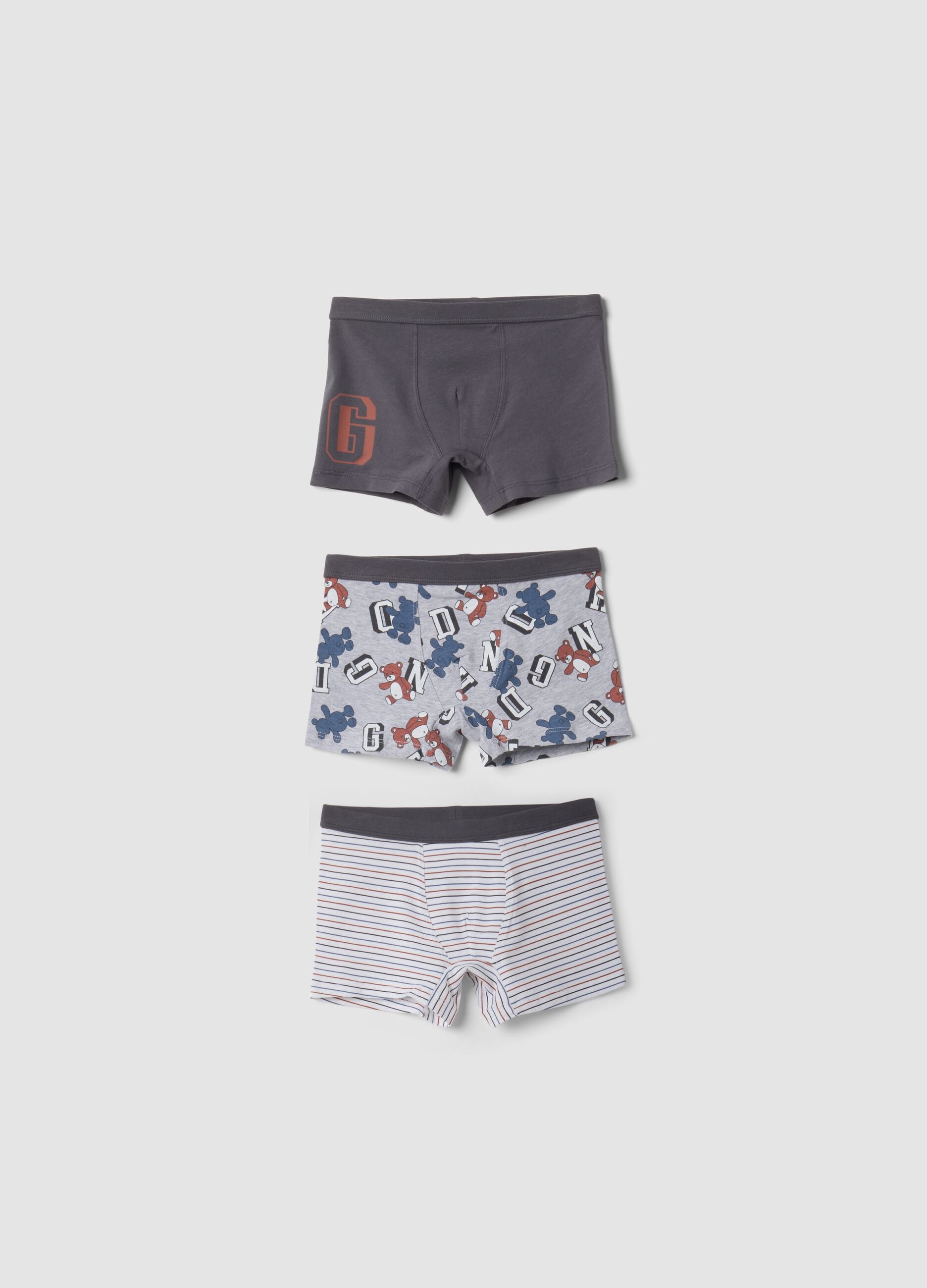 3-pack of grey midi boxer shorts in stretchy organic cotton with animal print
