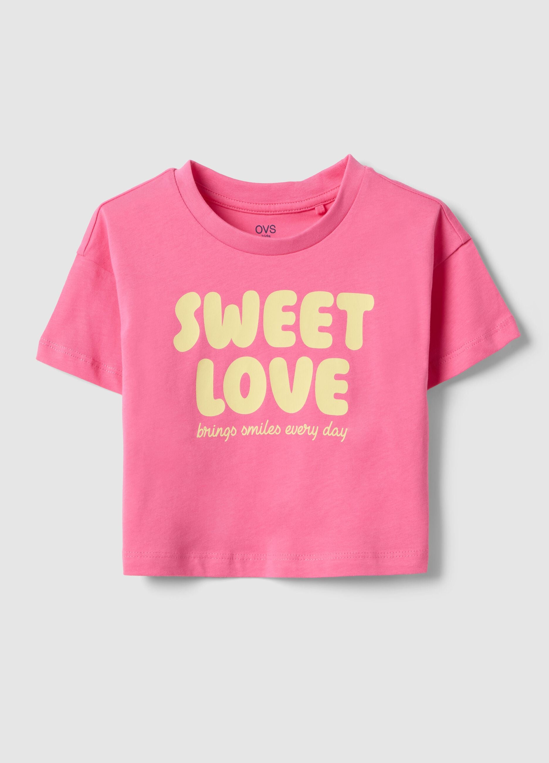 Girls' pink pure cotton boxy fit T-shirt with print