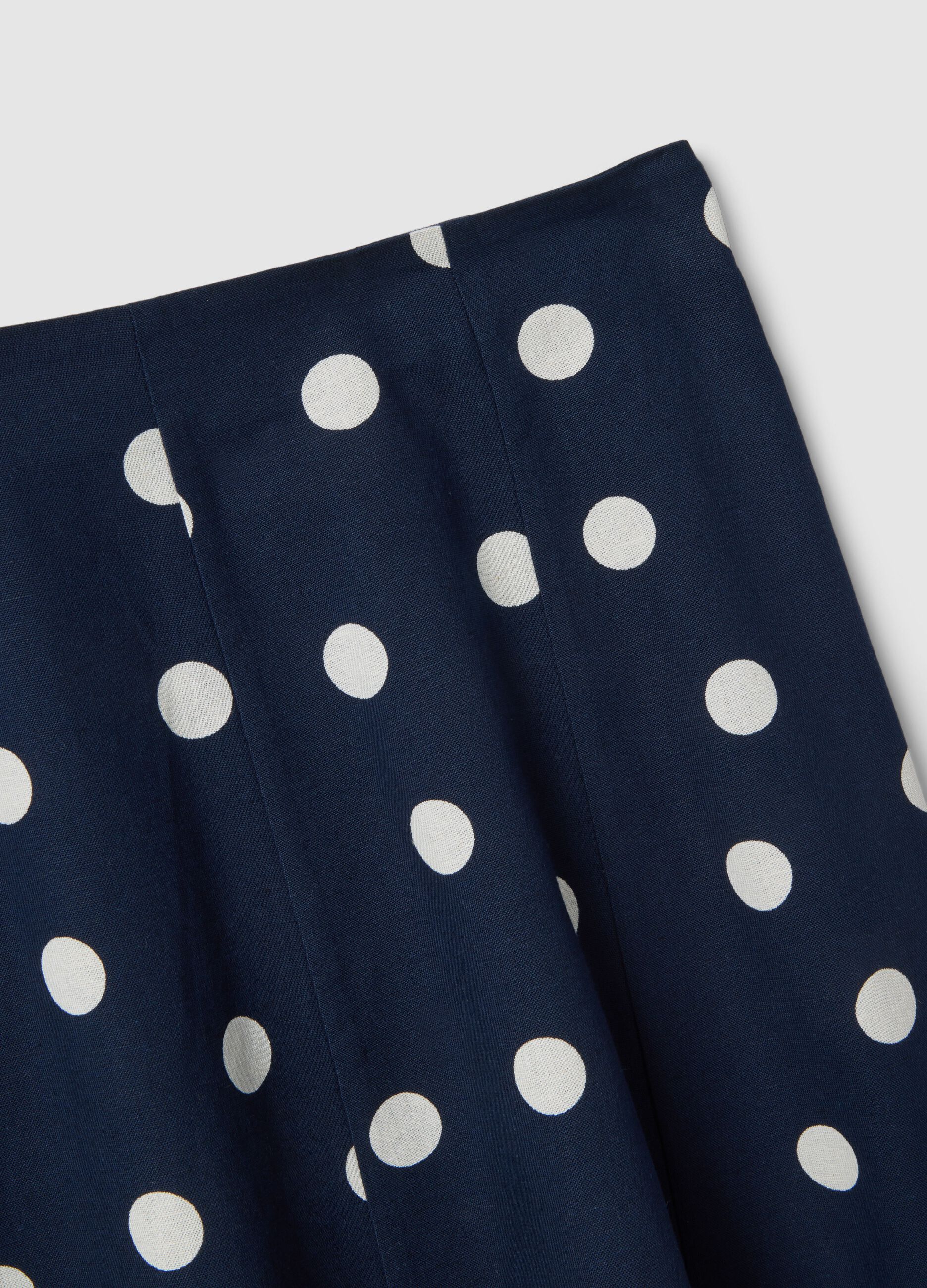 Long blue skirt with white polka dots in cotton and linen blend