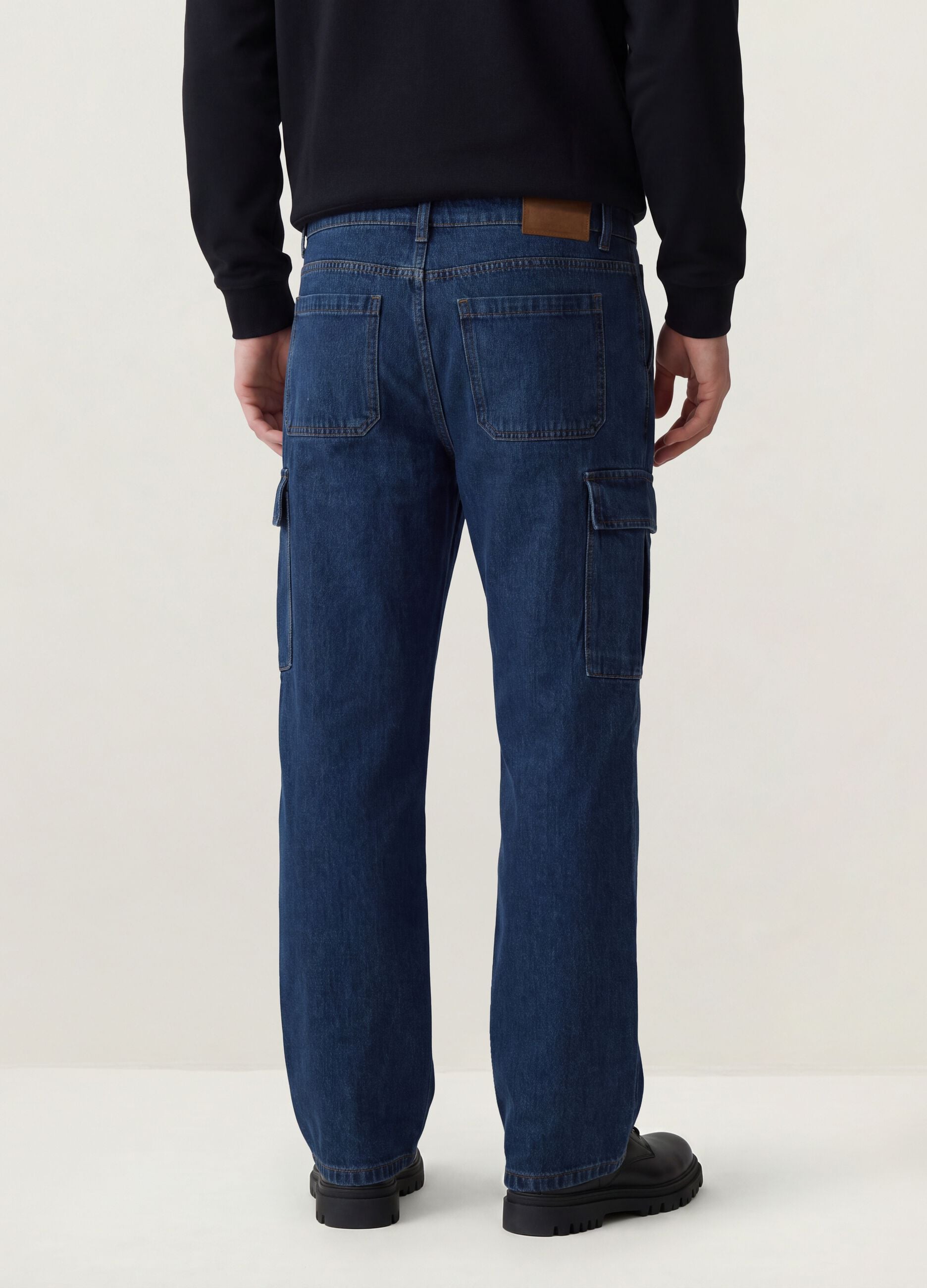 Dark blue pure cotton wide-leg cargo jeans
