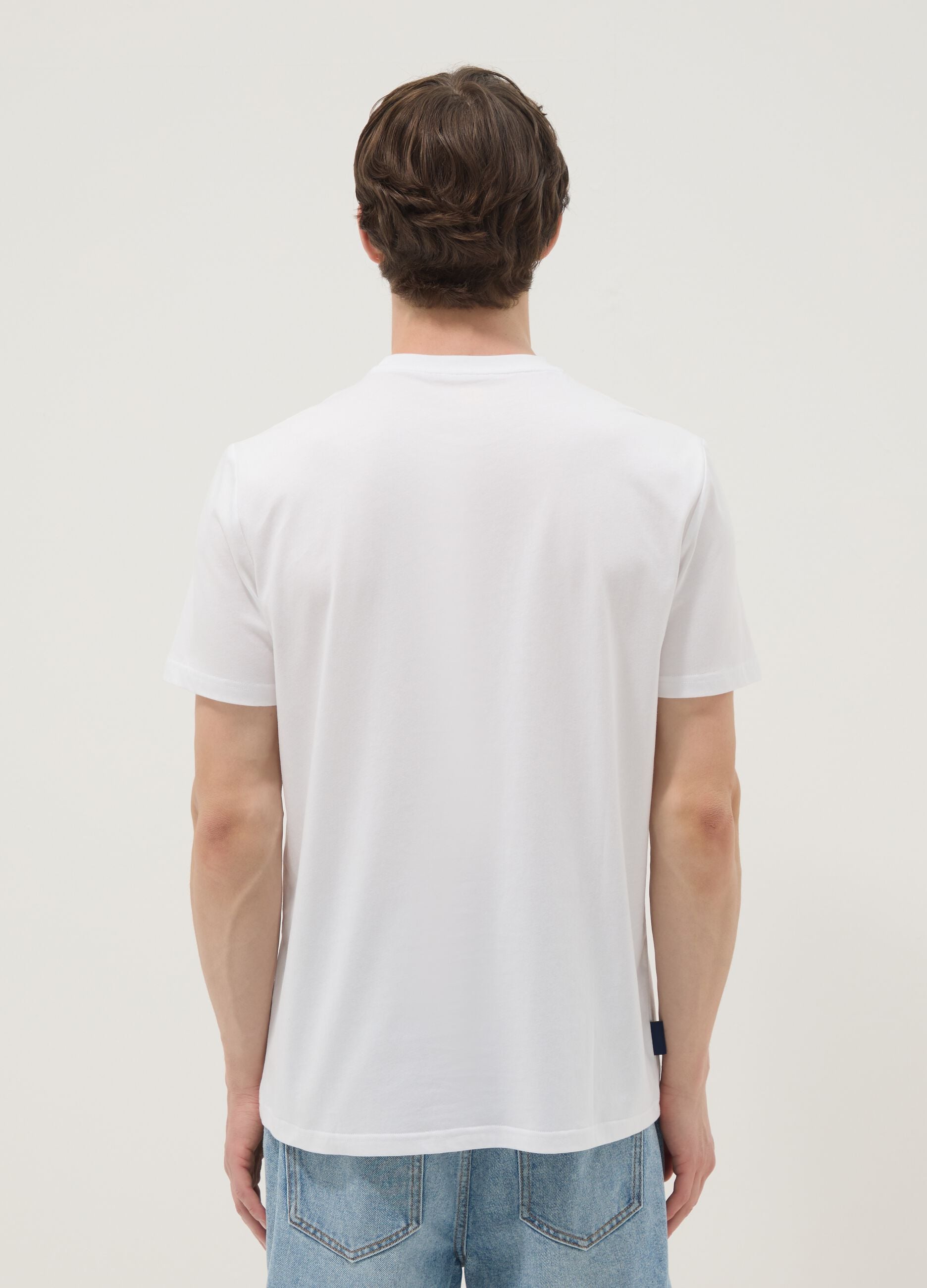 White pure cotton T-shirt with applied print, regular fit