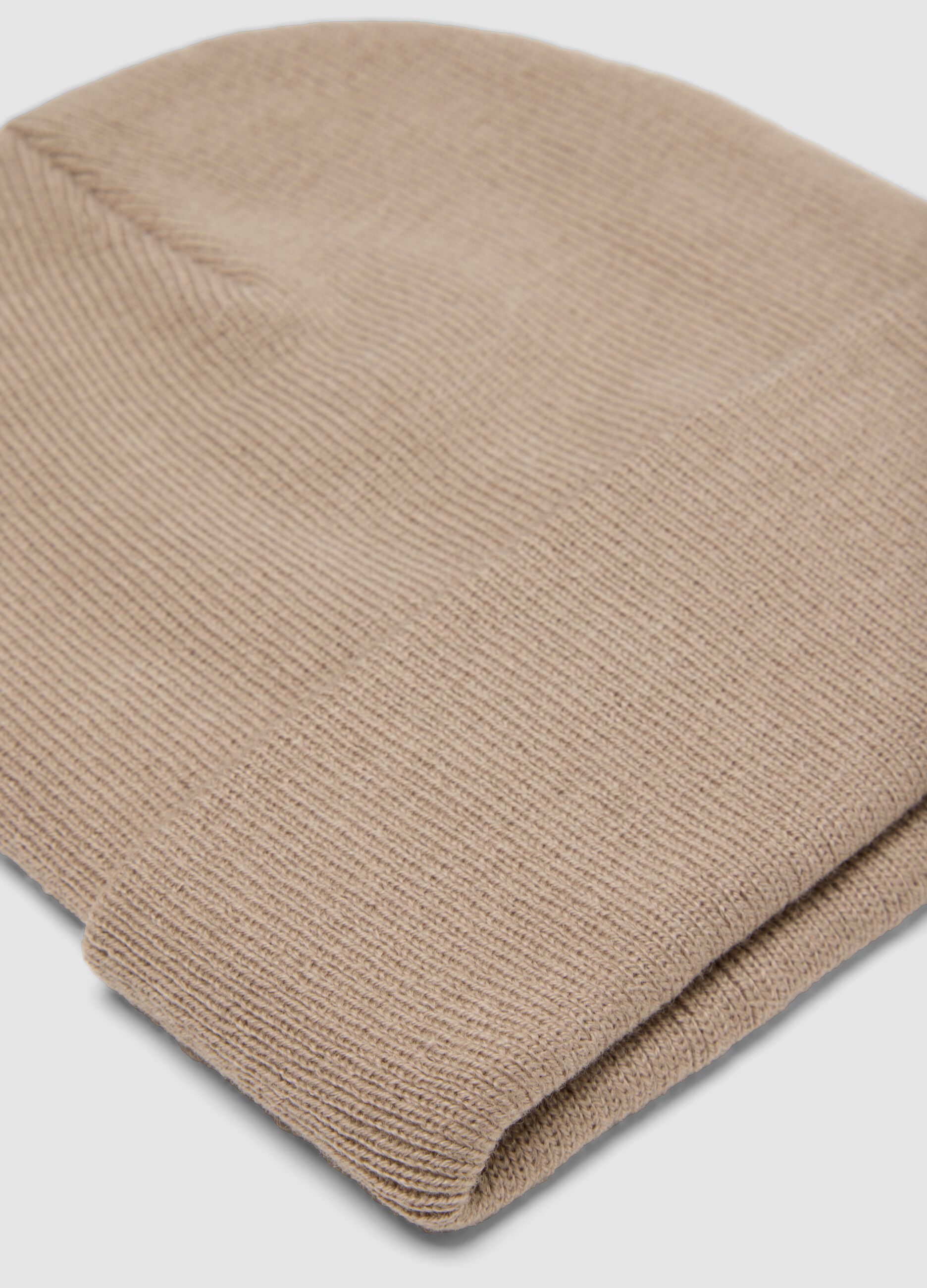 Beige jersey knit beanie with turn-up cuff