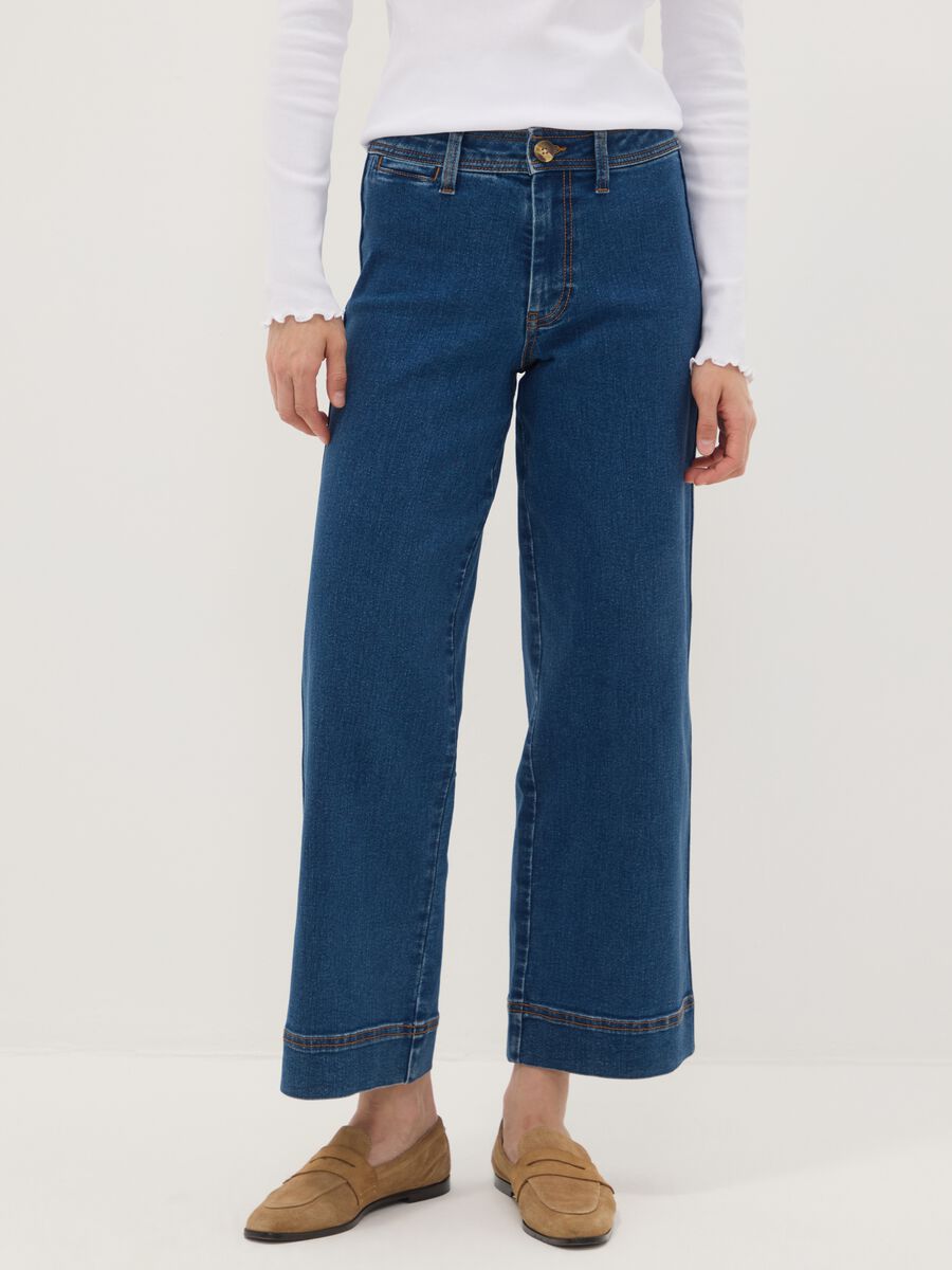 Blue wide-leg stretch cotton jeans_1