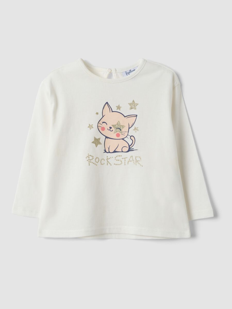 White organic cotton T-shirt with kitten print for baby girl_0