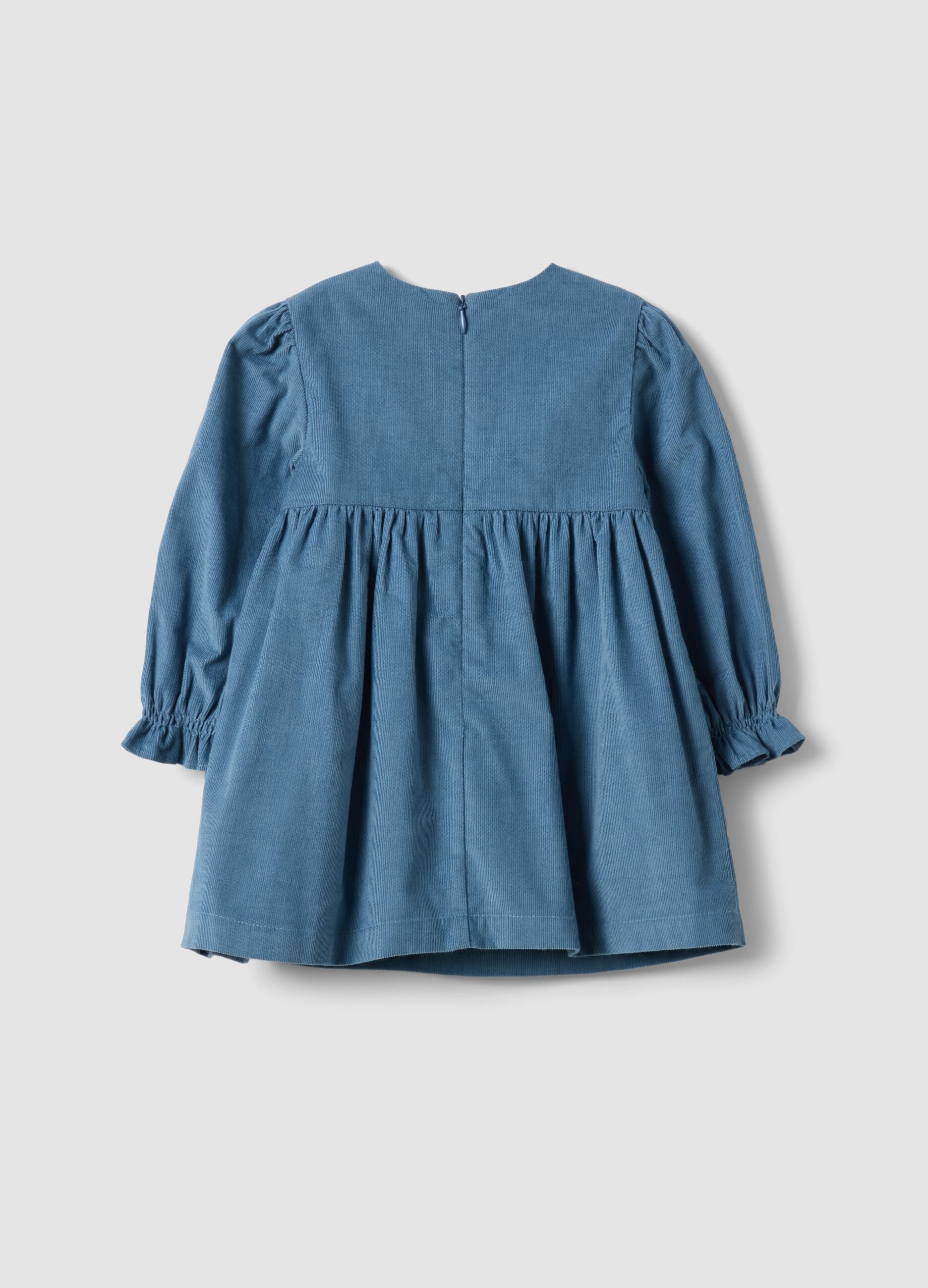 Blue pure cotton dress with floral embroidery and crew neck, oversized fit