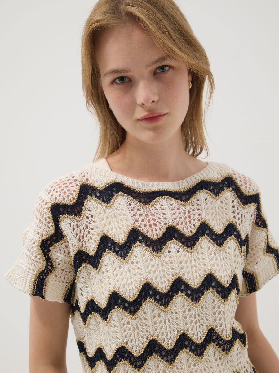 Beige openwork top with blue stripes in stretch cotton, regular fit_1