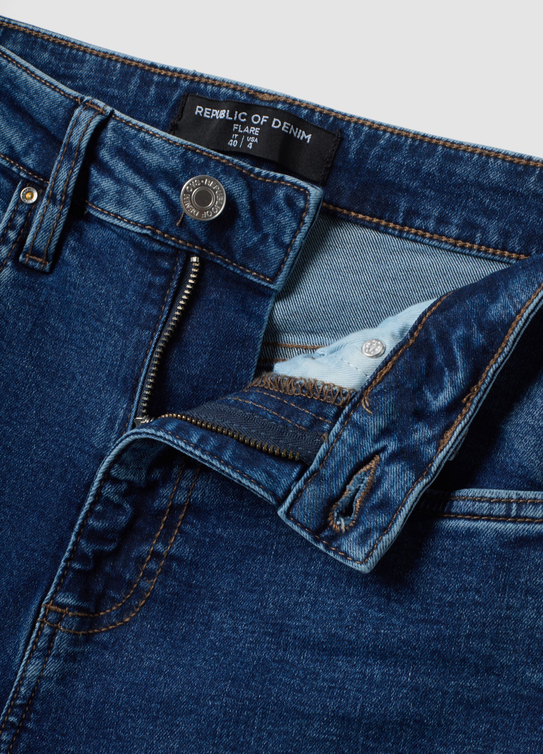 Blue stretch cotton denim flare jeans