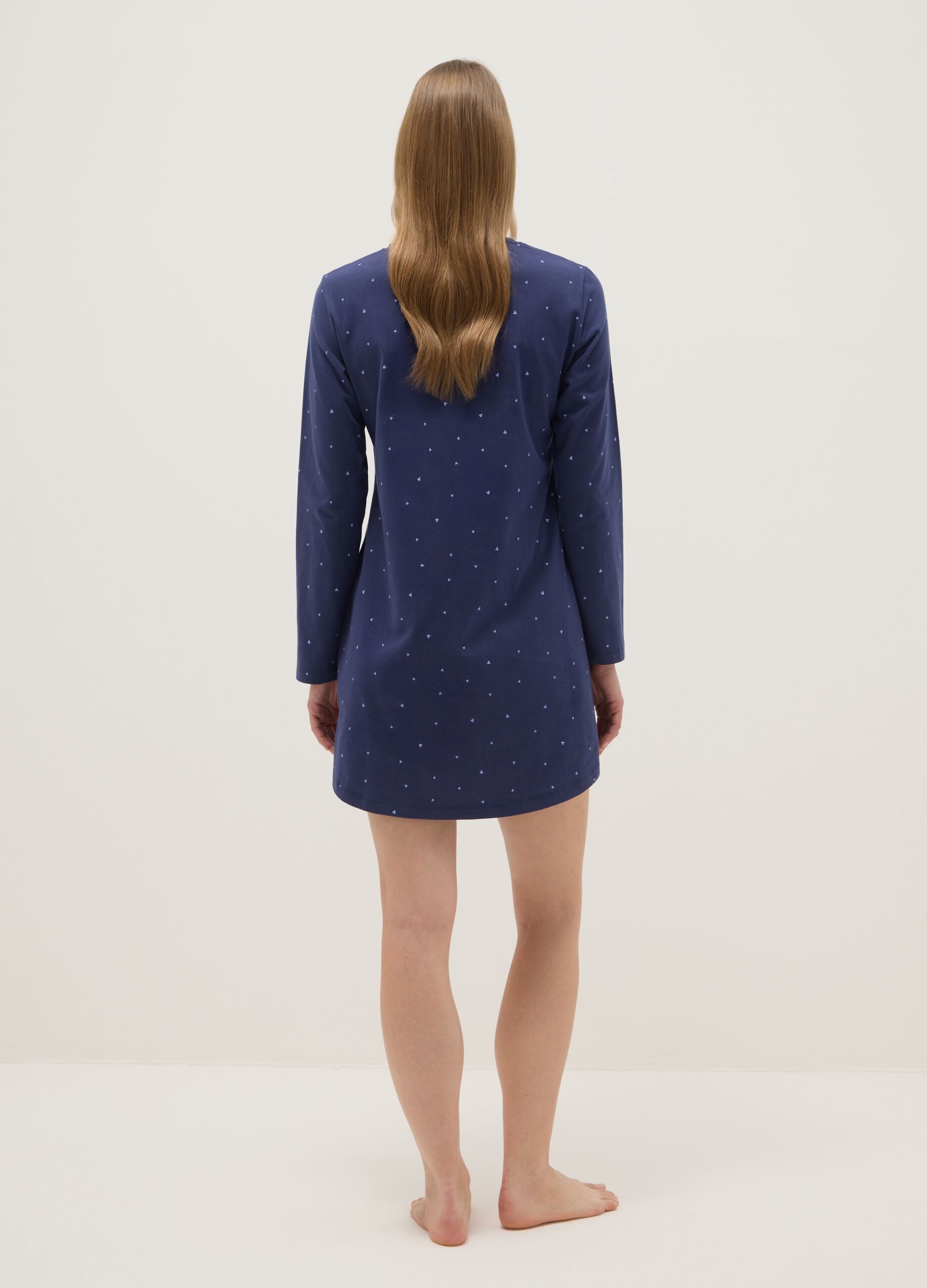 Blue pure cotton nightdress with hearts and serafina collar