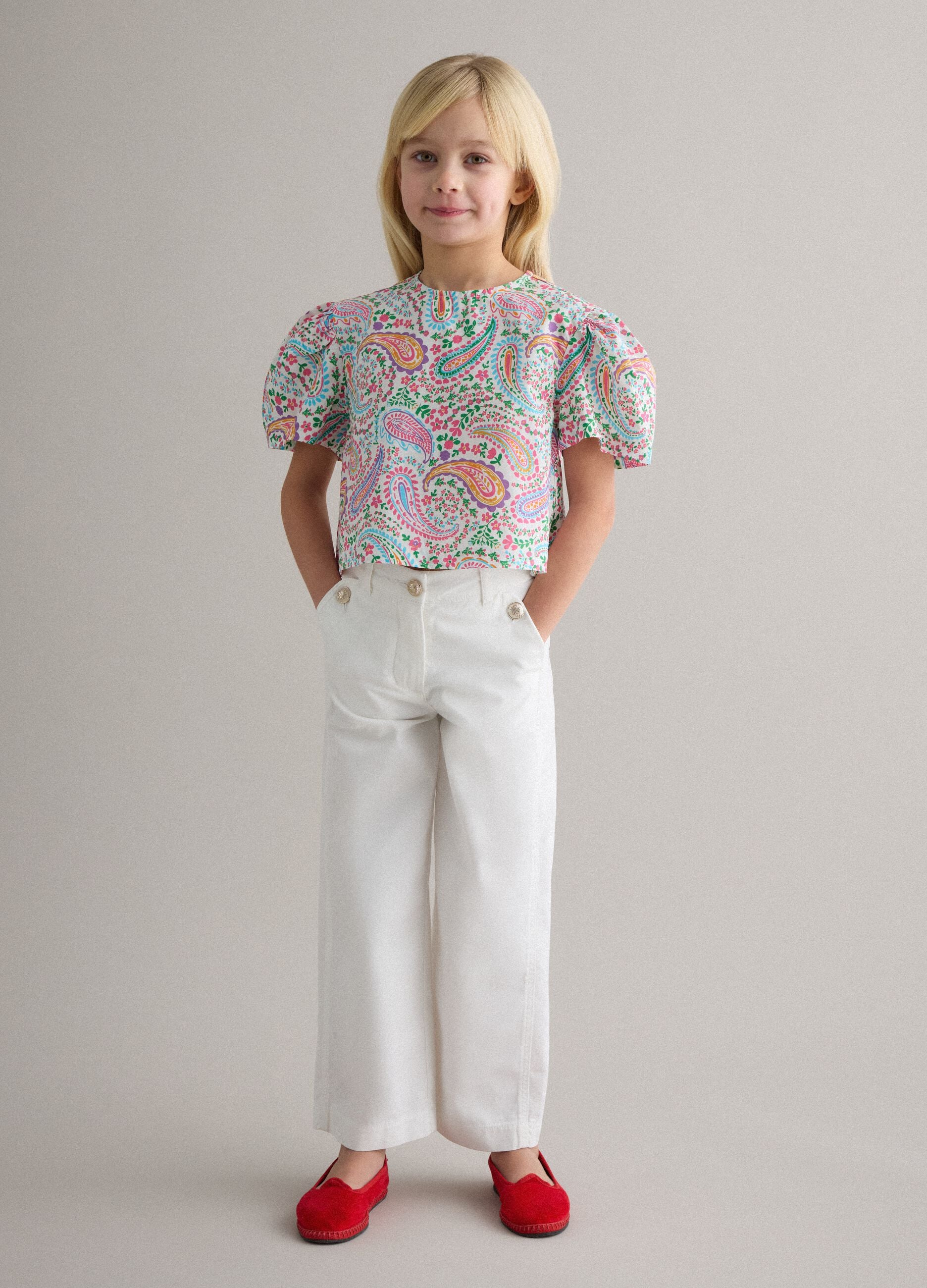 Girls' white straight cotton and Lyocell trousers - regular fit