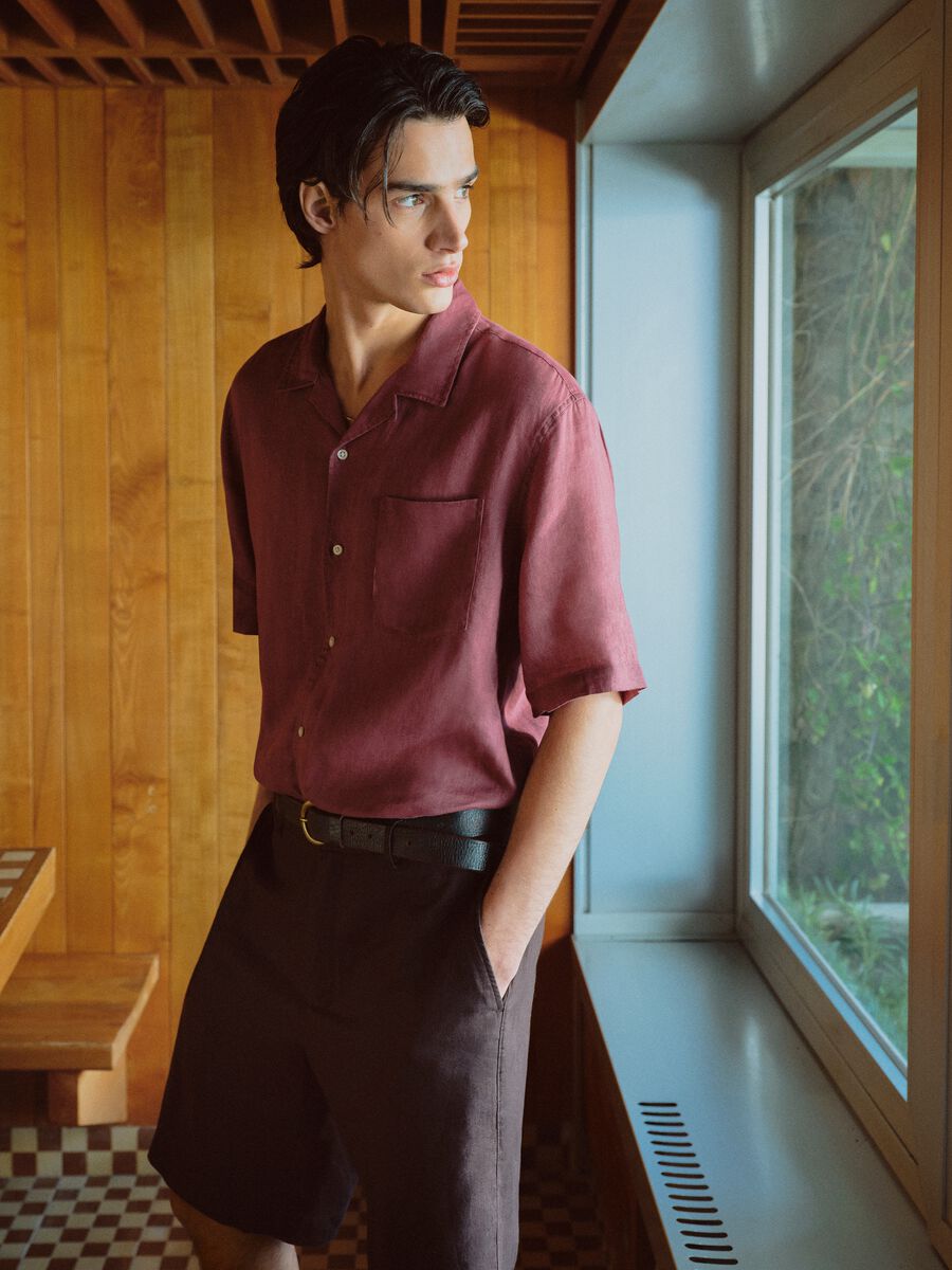 Regular fit pink short sleeve pure linen shirt with pocket_0