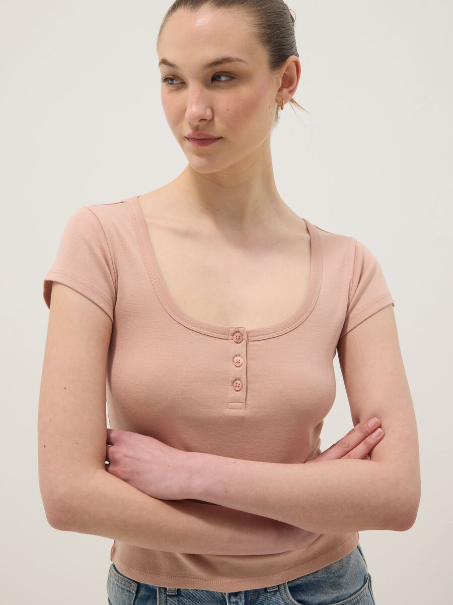 Pink pure cotton regular fit T-shirt with deep serafino neckline_0