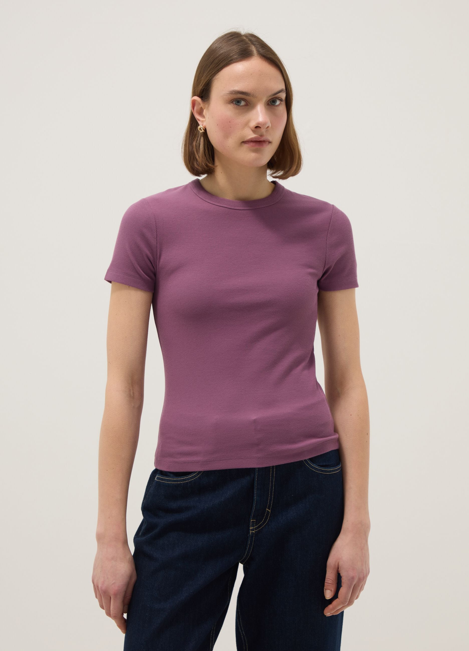 Purple fitted short-sleeve stretch cotton T-shirt