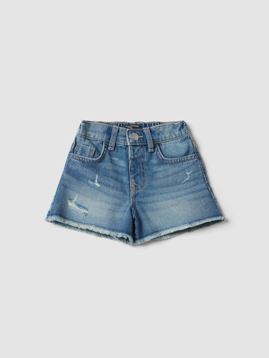 Blue cotton denim shorts for girls, regular fit, distressed details_0