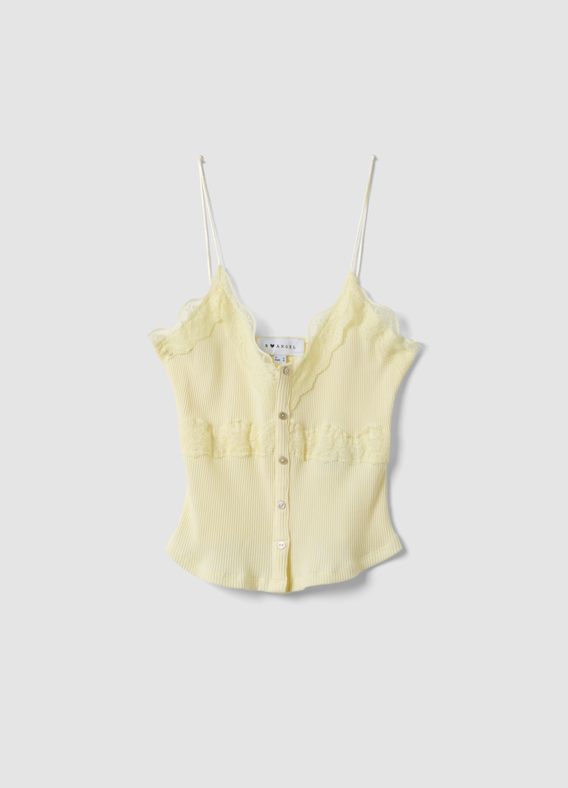 Yellow stretch cotton fitted lace top