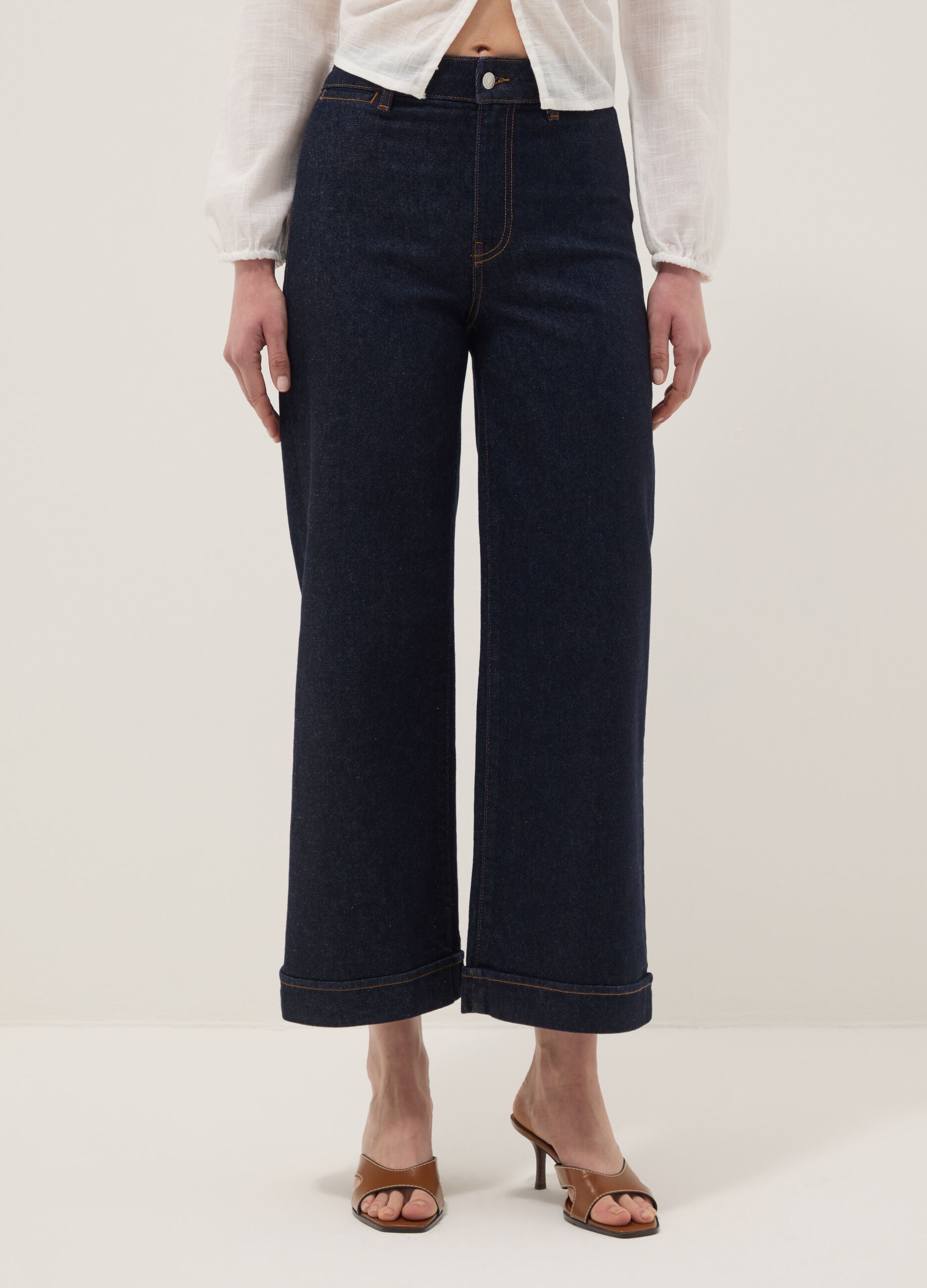 Wide leg stretch denim jeans in blue cotton