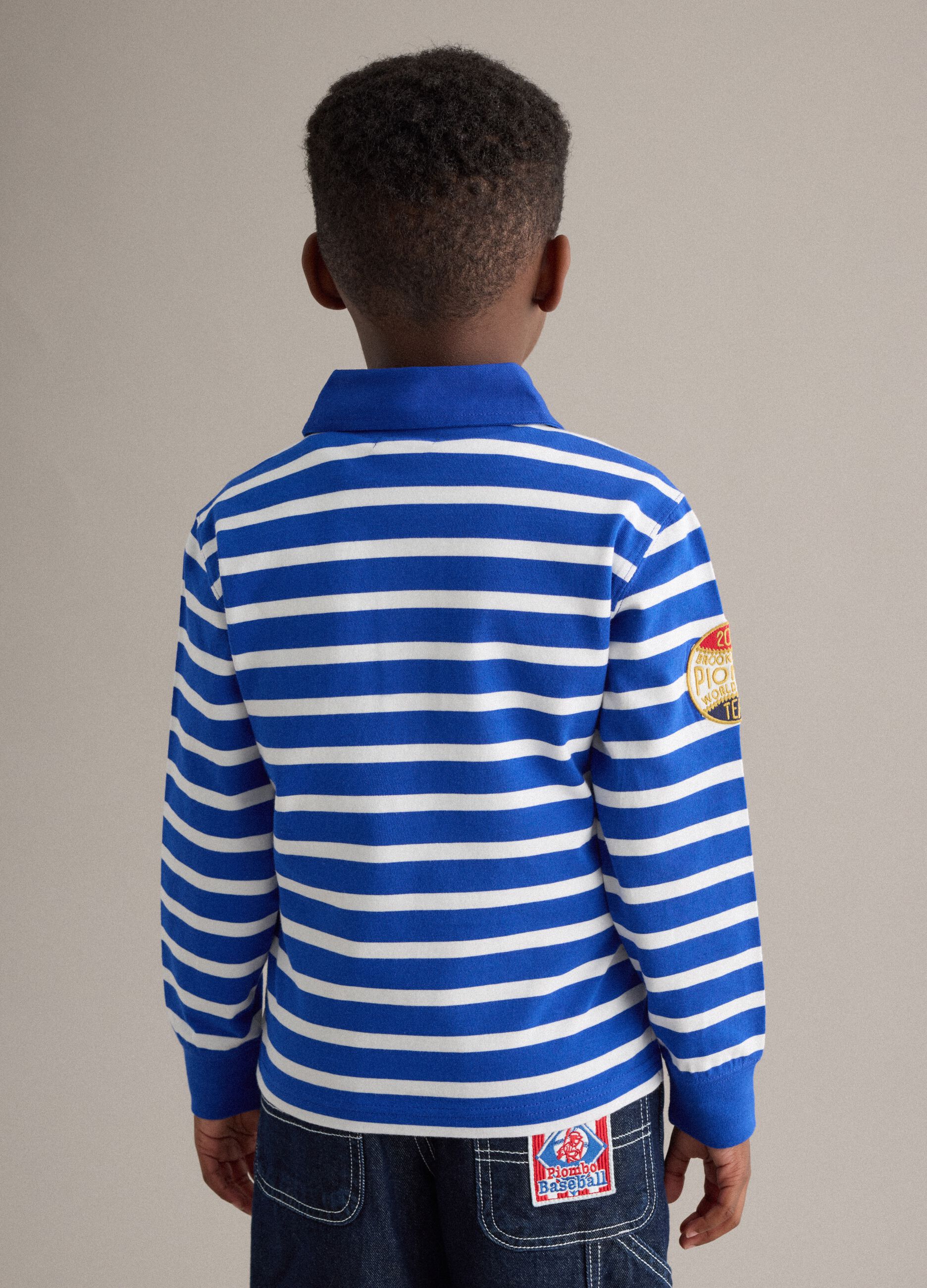 Boys' regular fit multicolour striped pure cotton polo with patches