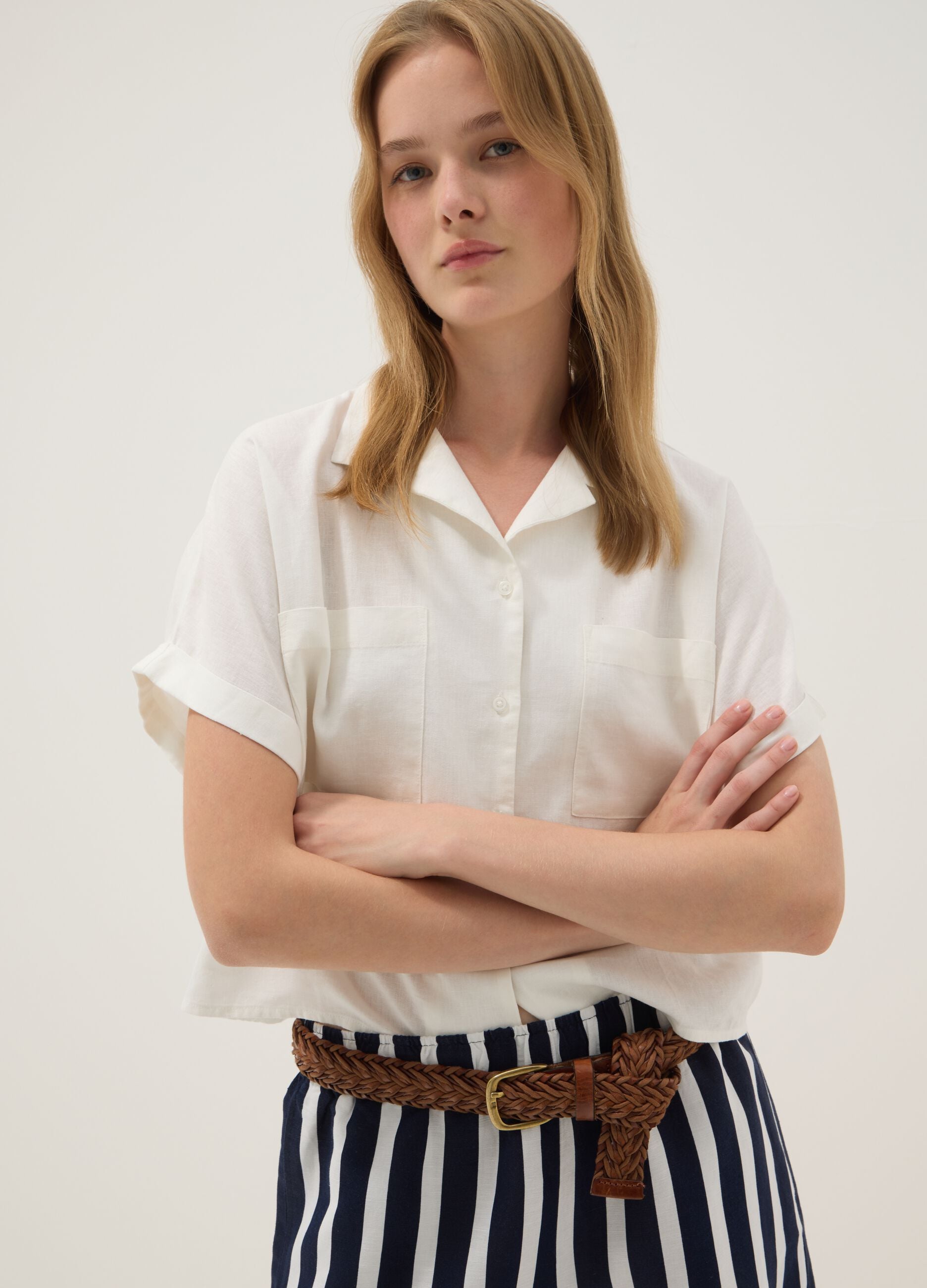 White regular-fit linen and viscose blend shirt