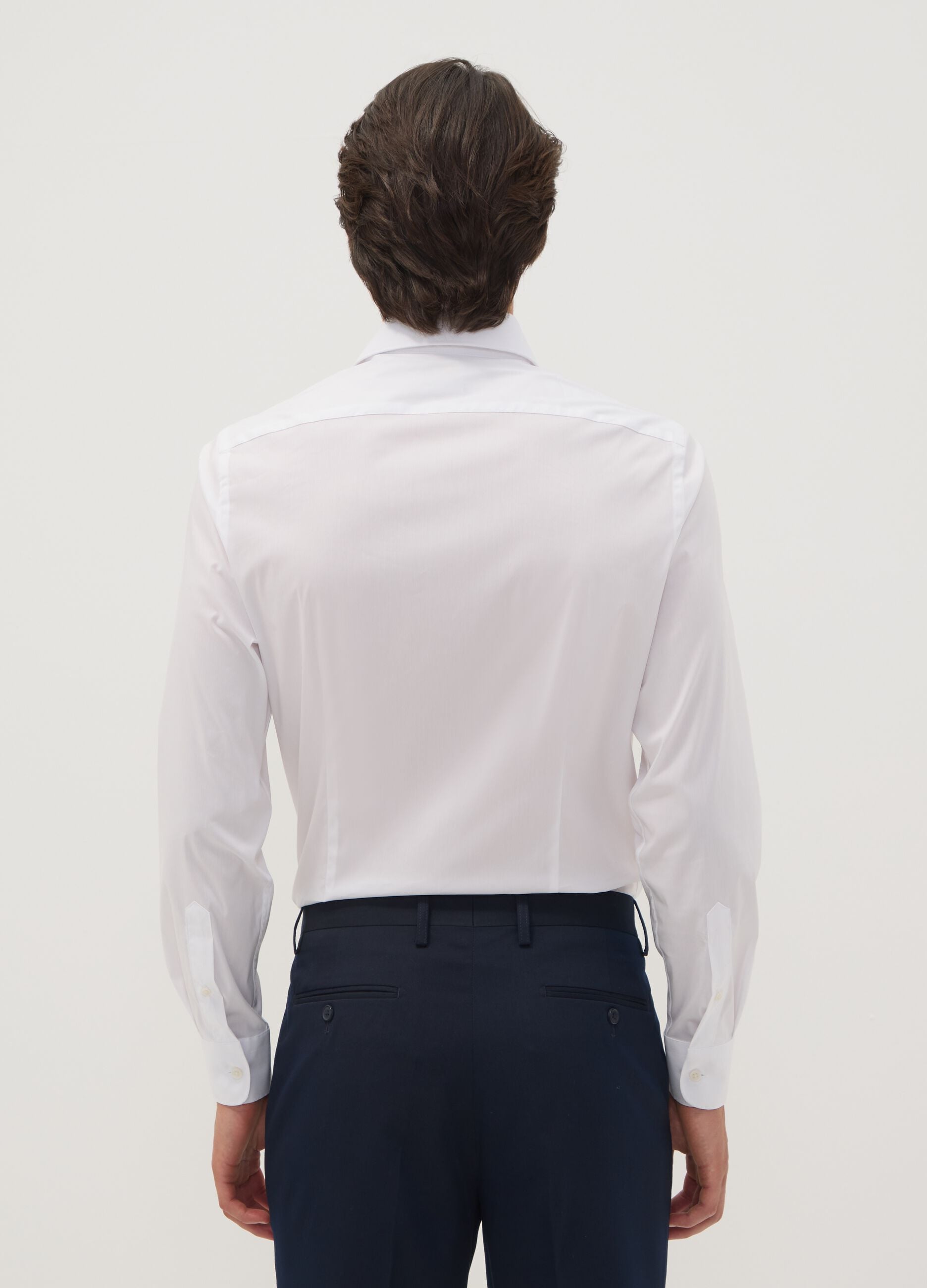 White stretch cotton poplin shirt with French collar, slim fit