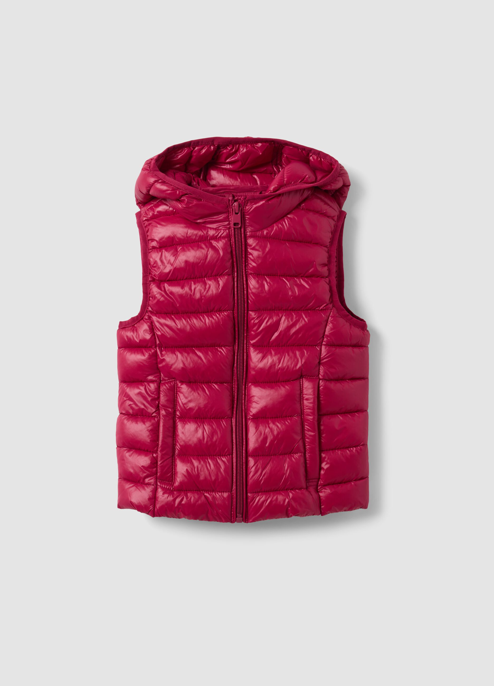 Girls&rsquo; red padded gilet with hood and zip