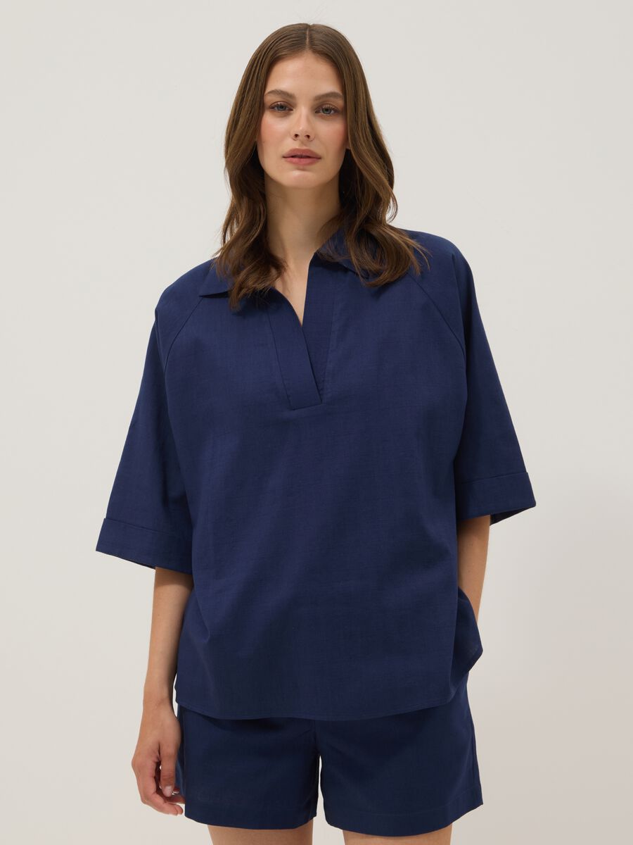 Blue pure cotton V-neck top_2