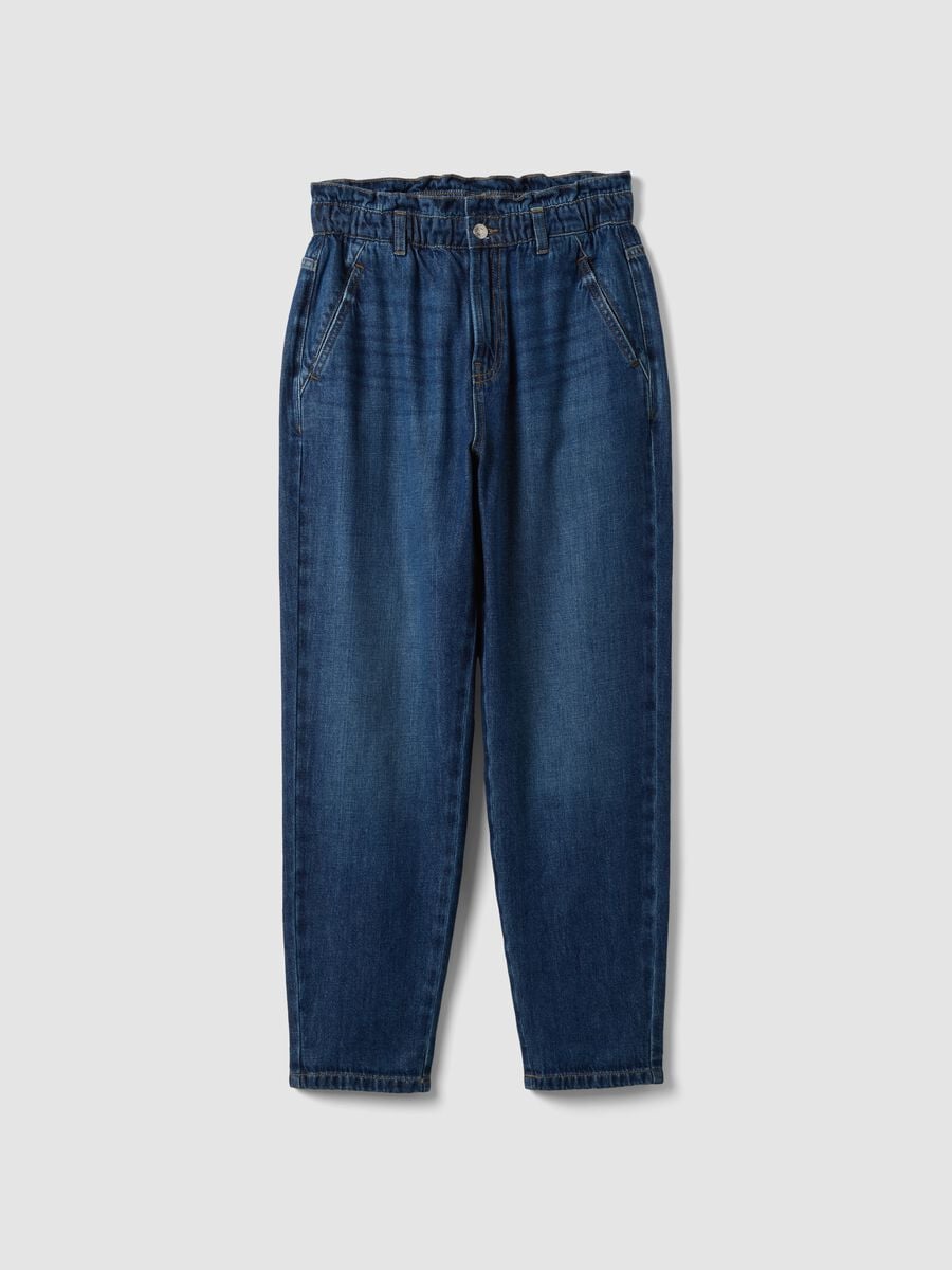 Blue denim baggy-fit jeans in pure cotton with paperbag waist_4