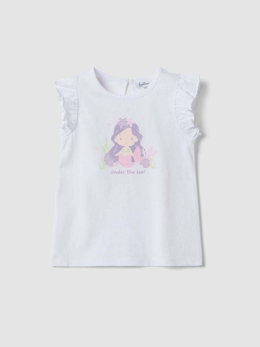 Tank top bianco in puro cotone organico da bimba con stampa e volant_0