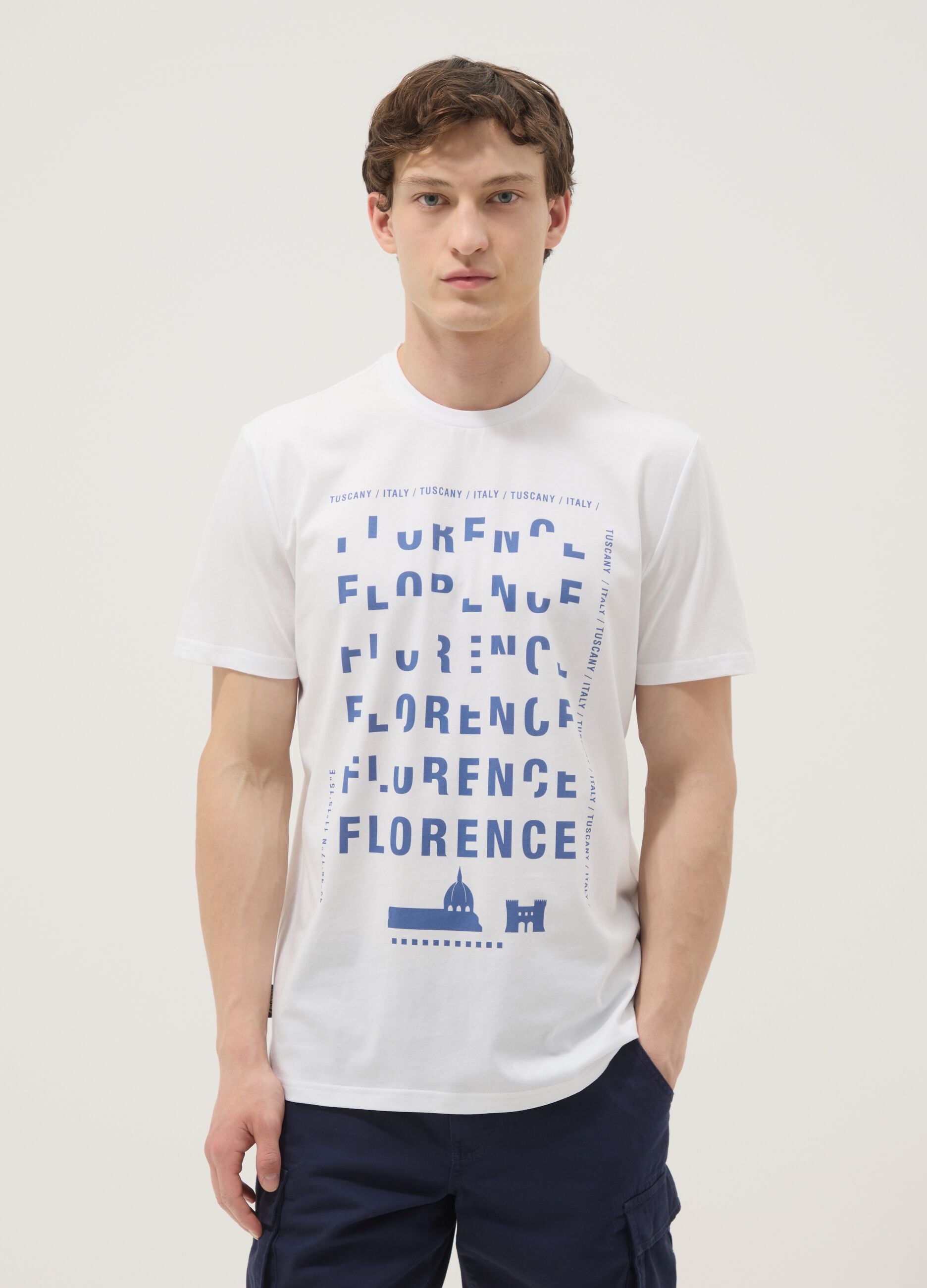 White pure cotton T-shirt with print, regular fit