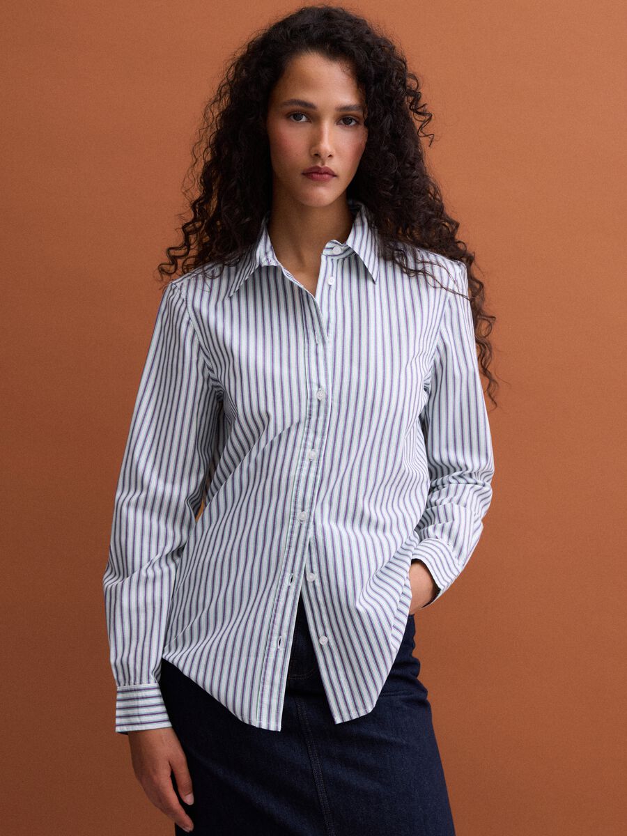 White cotton poplin shirt with purple stripes, regular fit_0