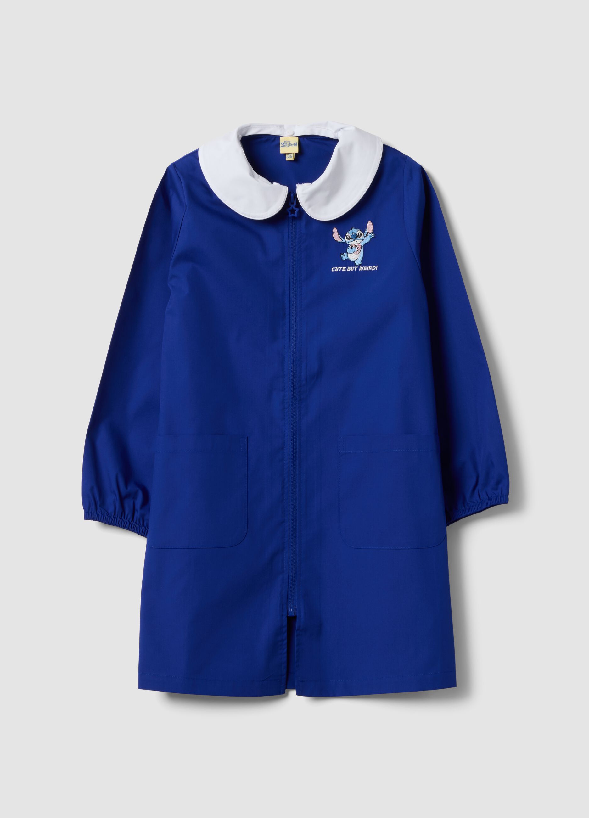 Blue school apron with zip, white collar and Stitch embroidery