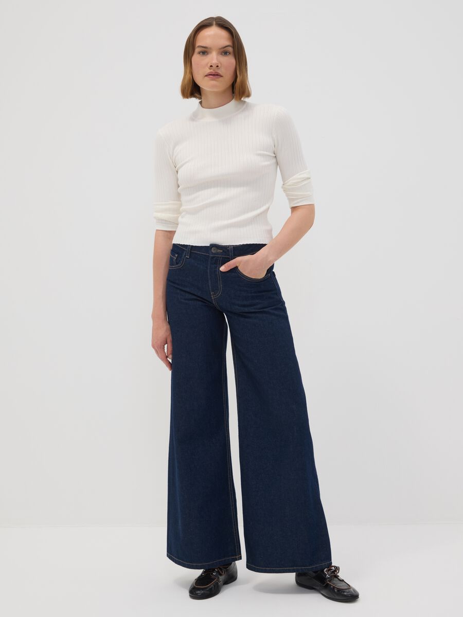 White fitted ribbed viscose-blend top with high neck_1
