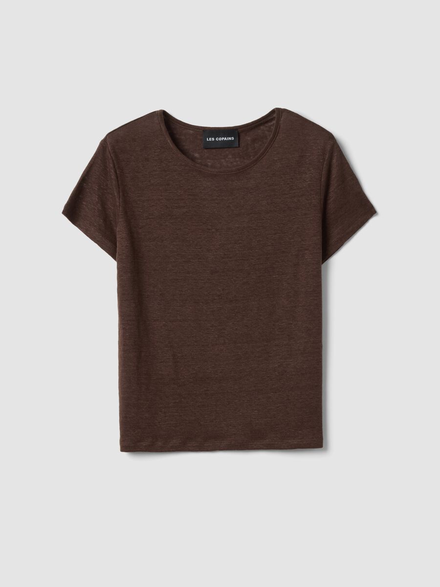 Brown short-sleeved pure linen T-shirt, regular fit_0
