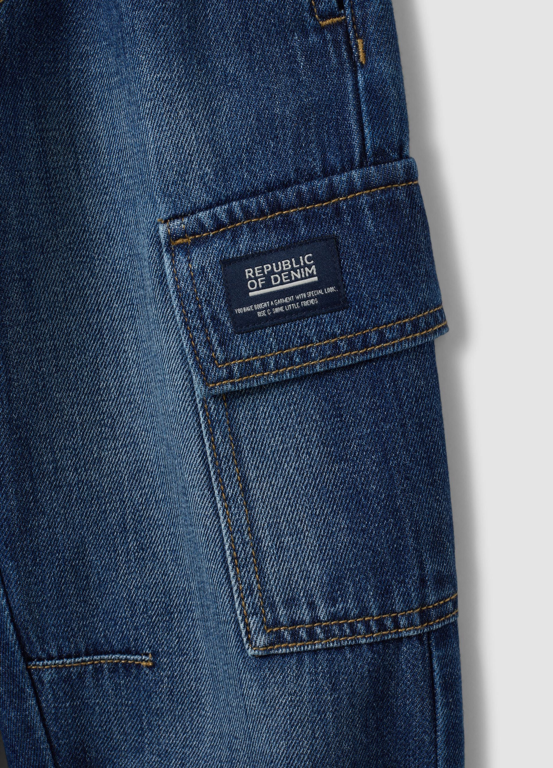 Blue denim joggers in cotton and viscose blend with cargo pockets, relaxed fit