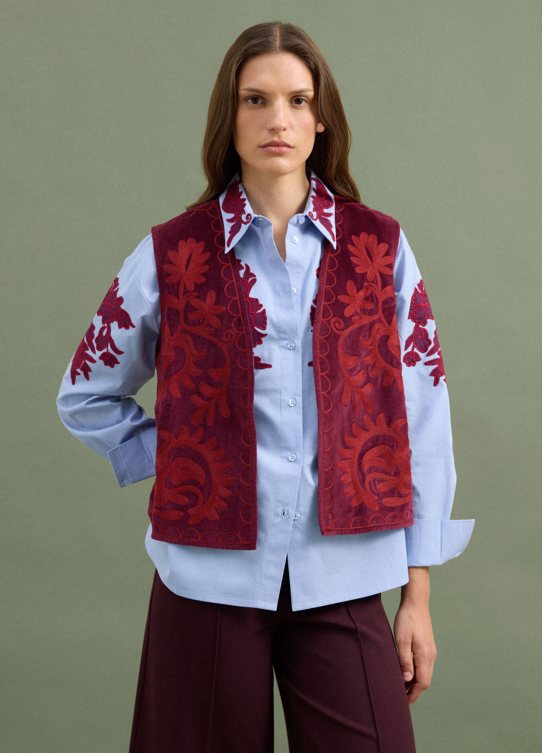 Red pure cotton gilet with floral embroidery