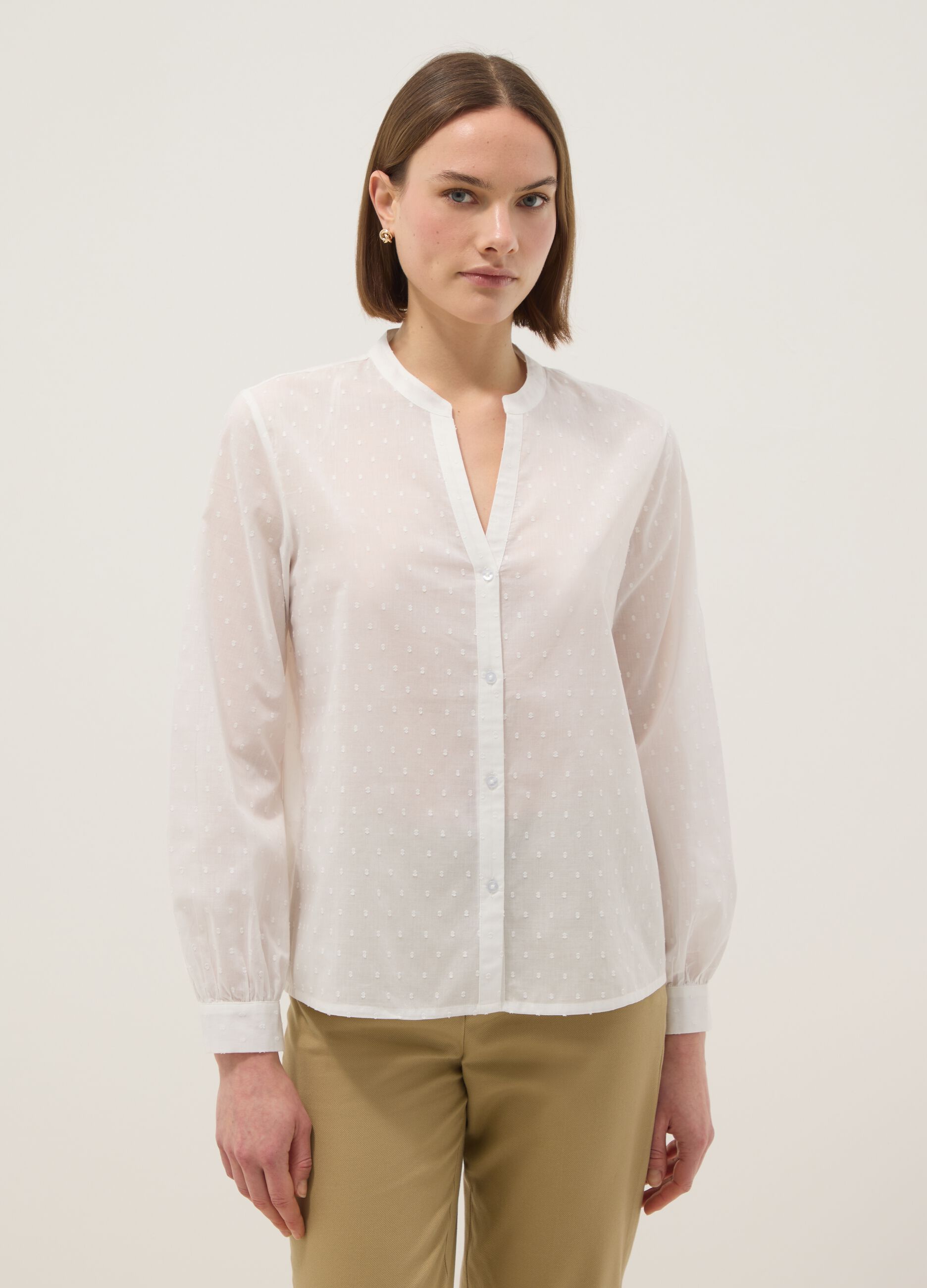 White pure cotton shirt regular fit deep V with polka dots