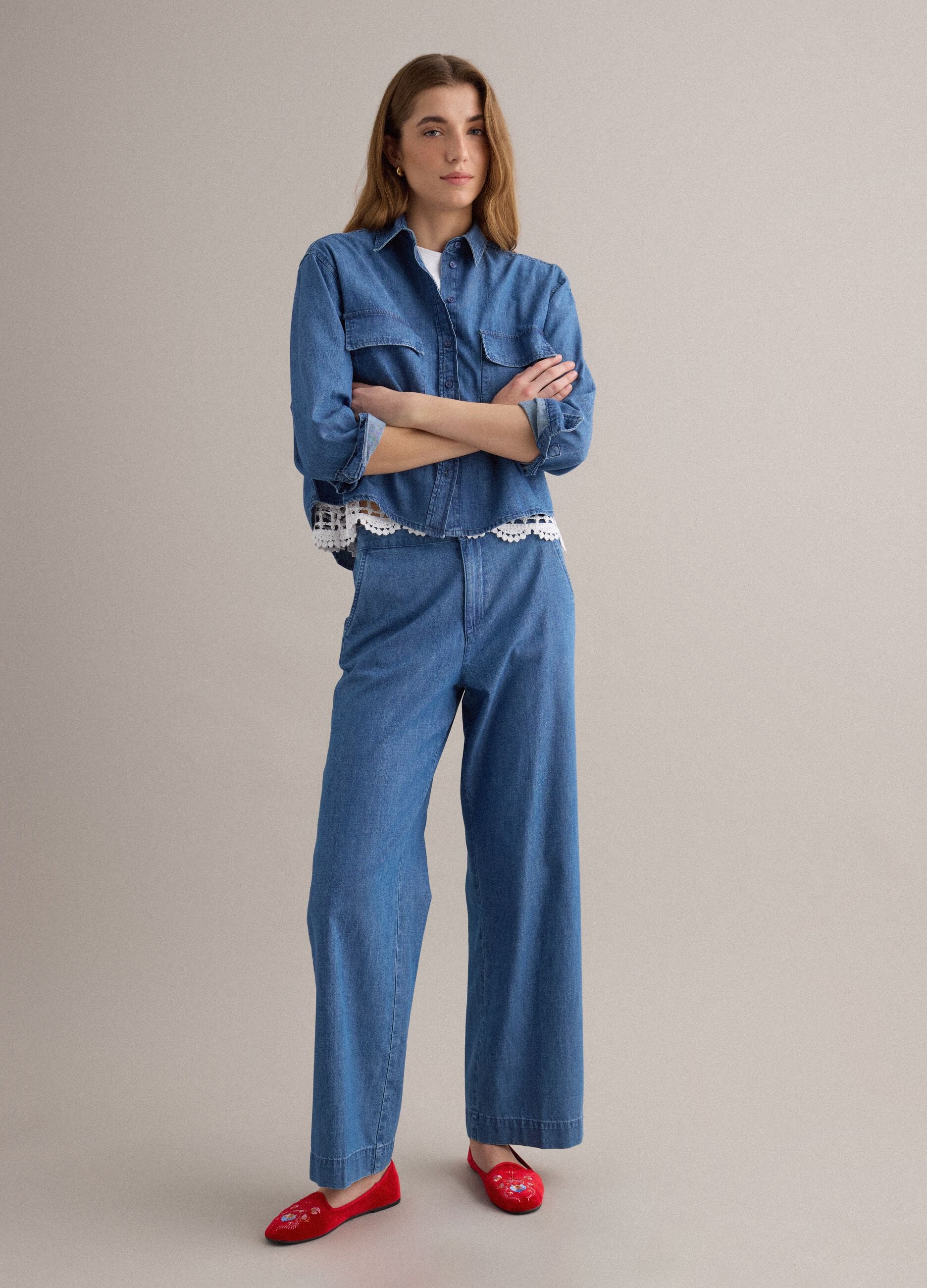 Regular fit blue denim pure cotton shirt