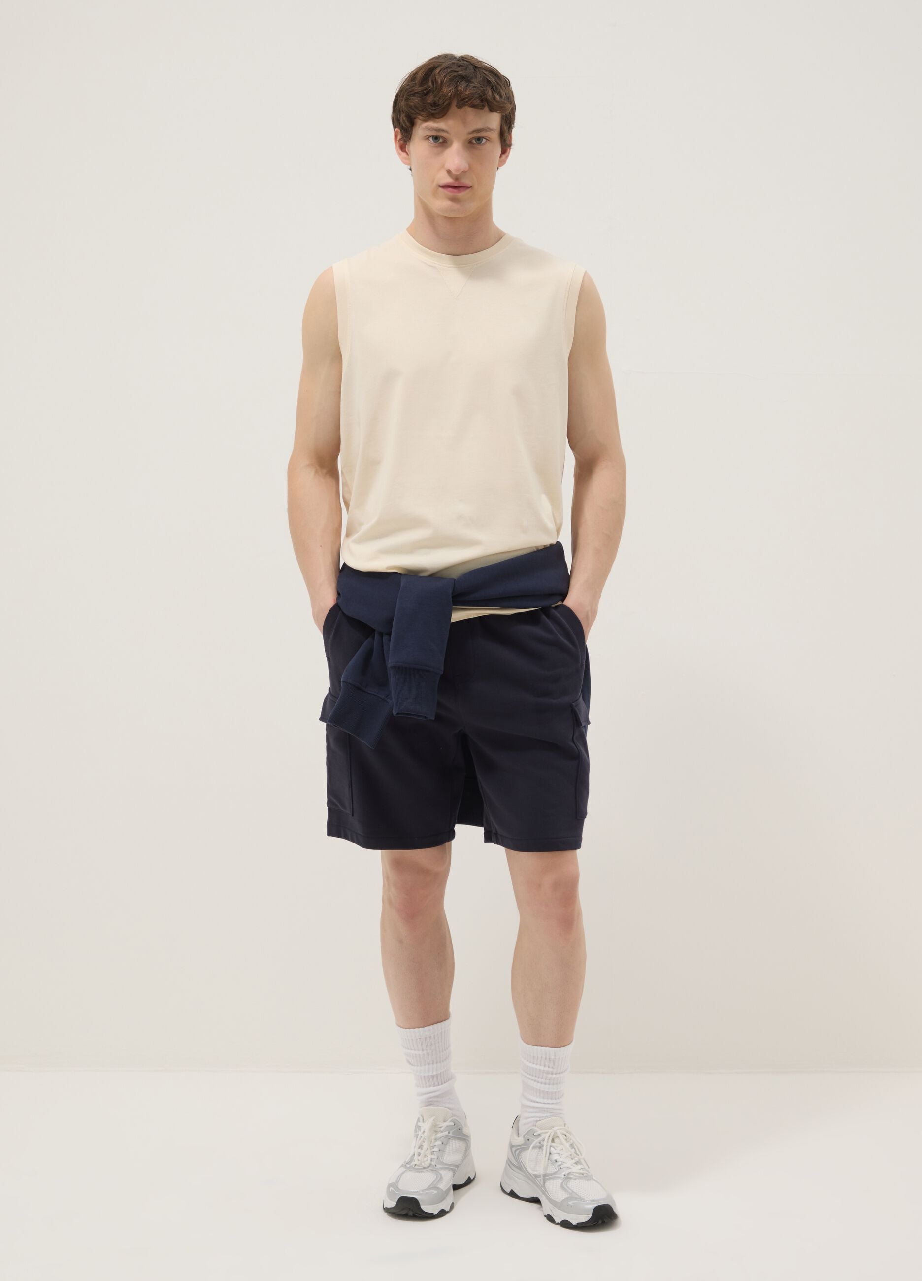 Beige crew-neck pure cotton vest top, relaxed fit