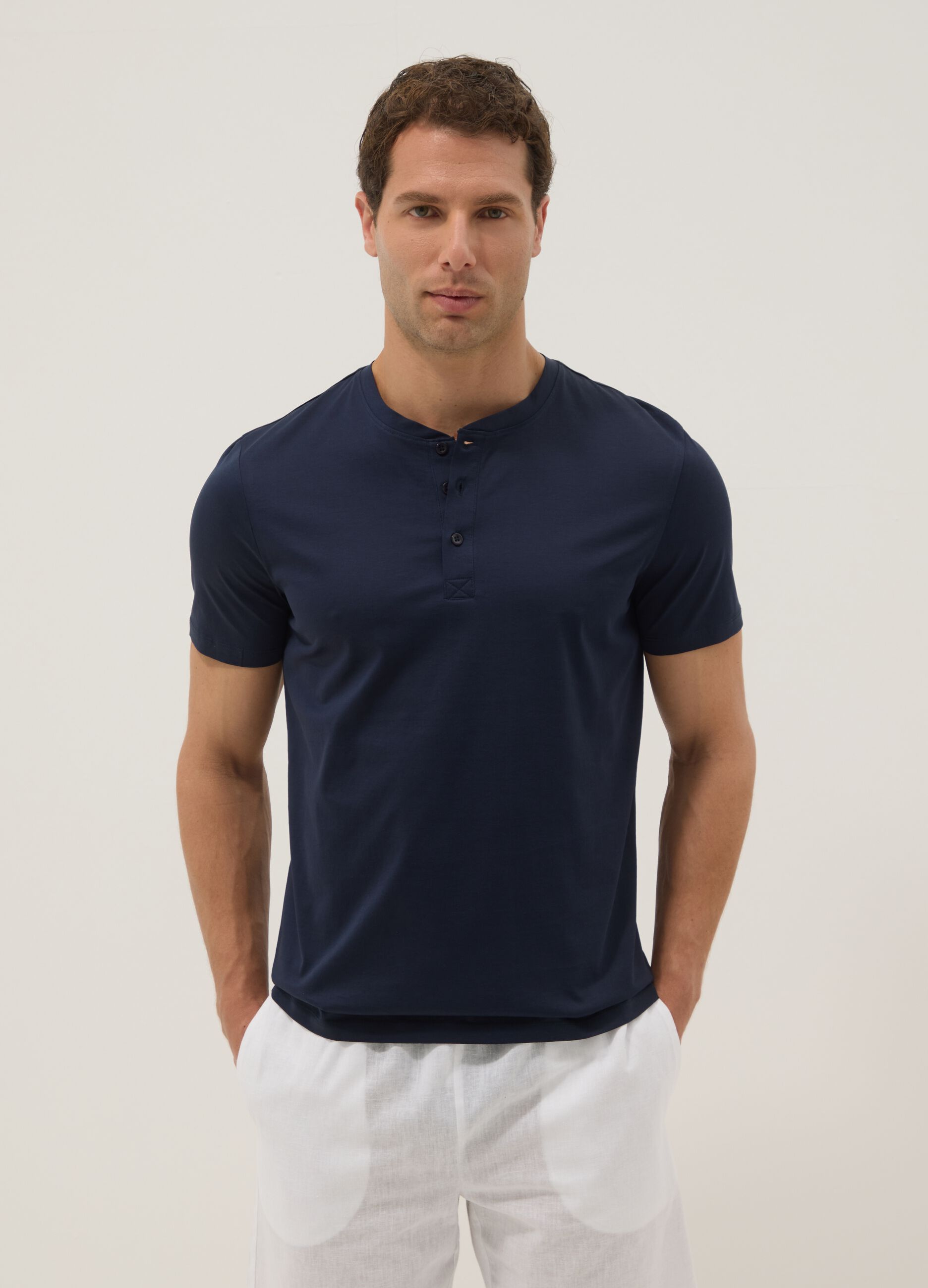 Blue mercerised pure cotton regular-fit T-shirt