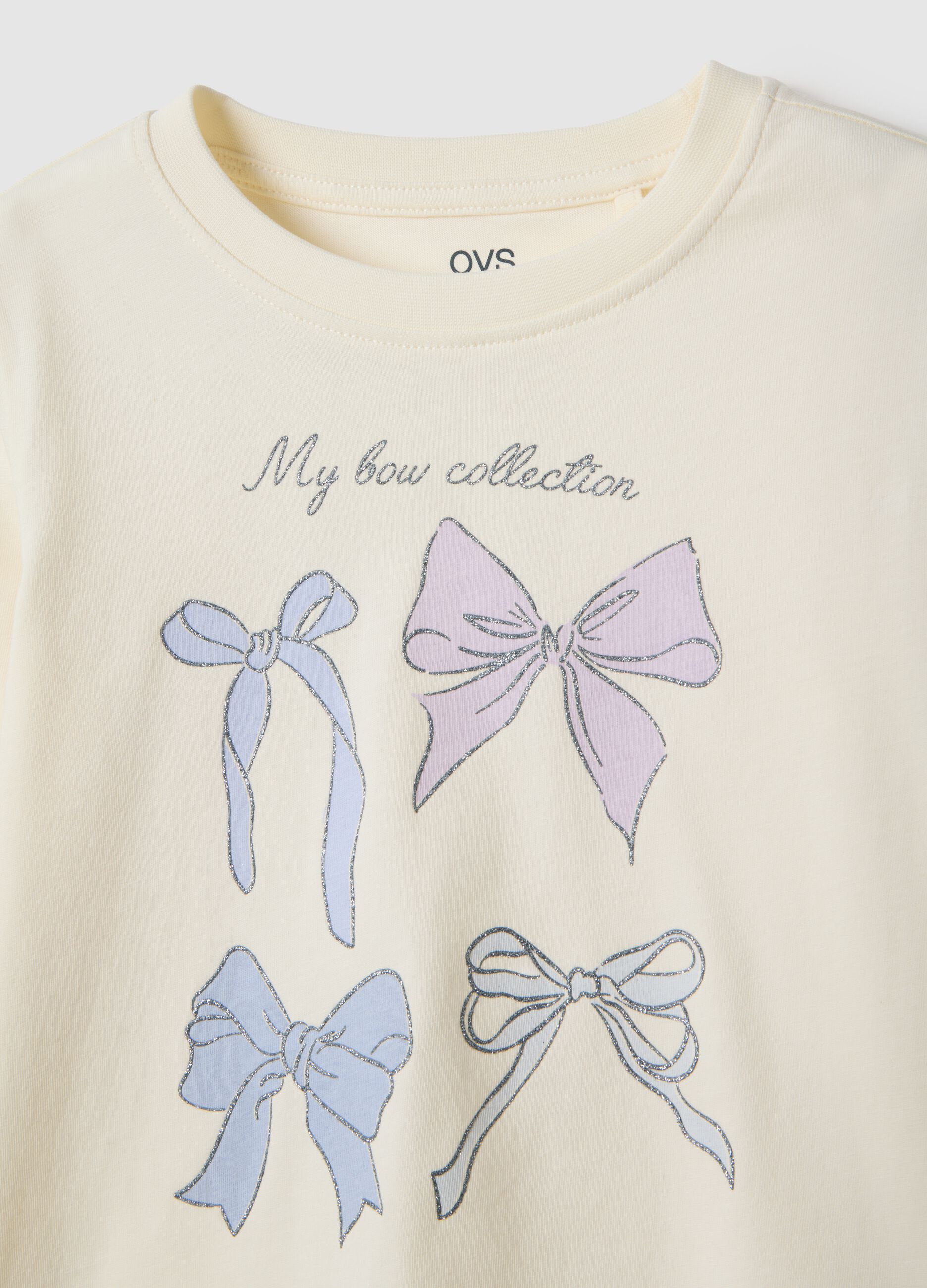 Girls' beige pure cotton t-shirt with bows