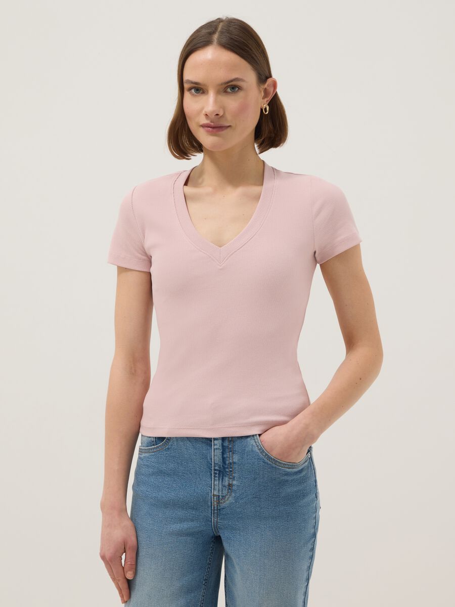 Pink regular fit deep V stretch cotton T-shirt_0