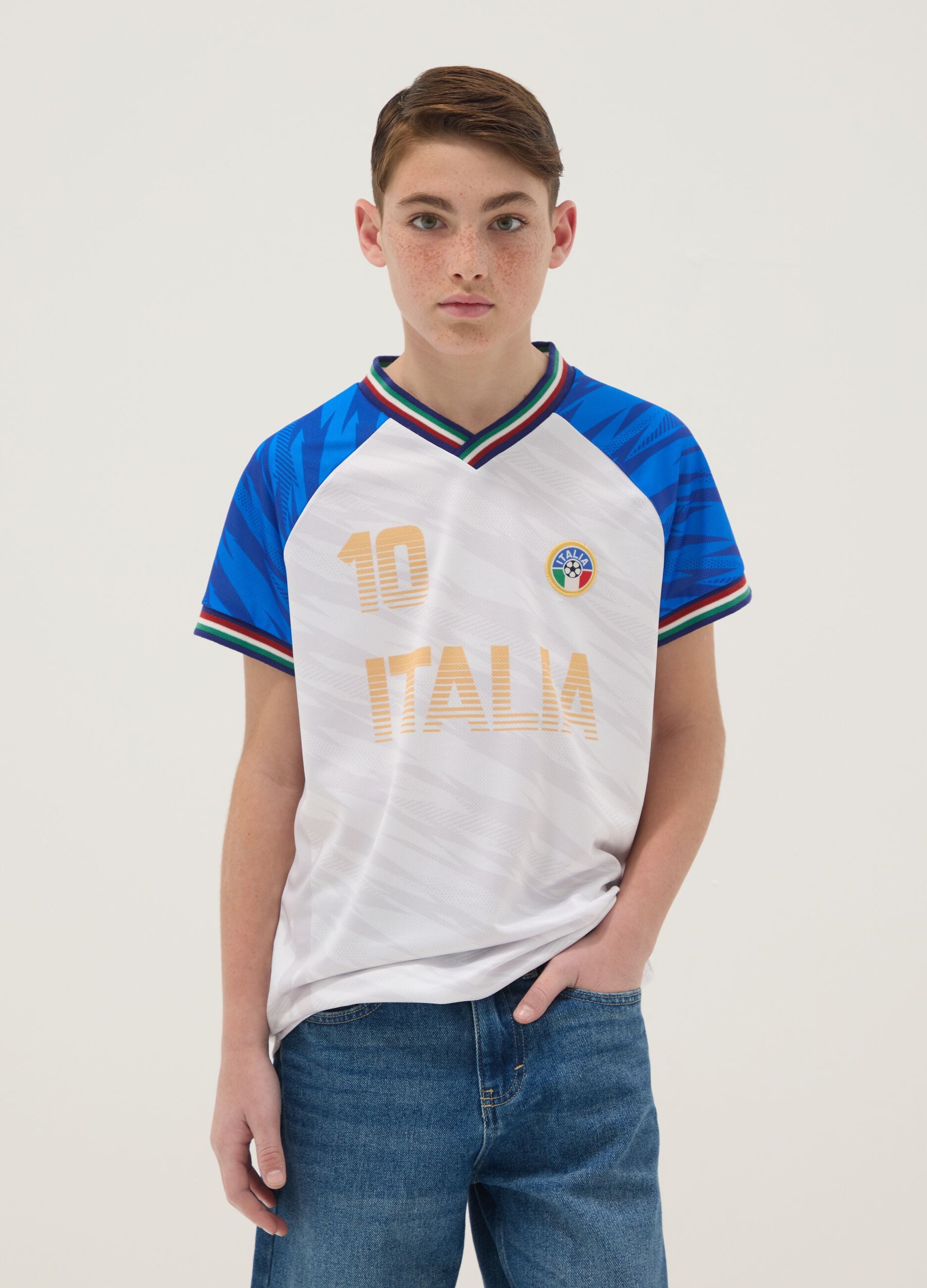 Kids&rsquo; Italy White and Sky-Blue Oversized Fit T-shirt