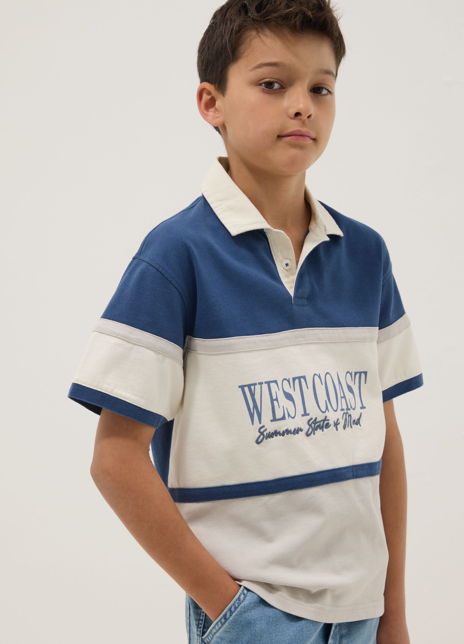 Blue pure cotton short-sleeve polo shirt
