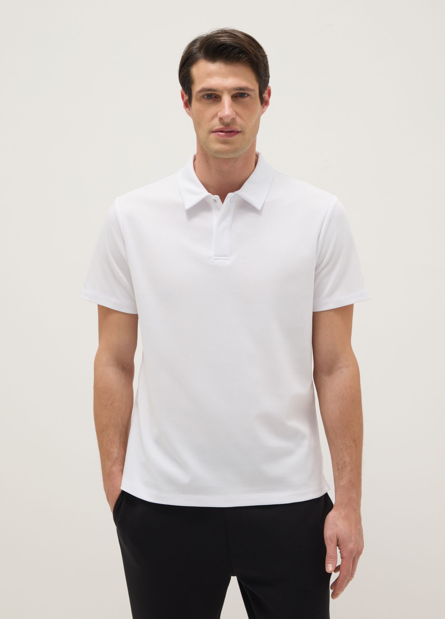 White short-sleeve mixed cotton polo, regular fit