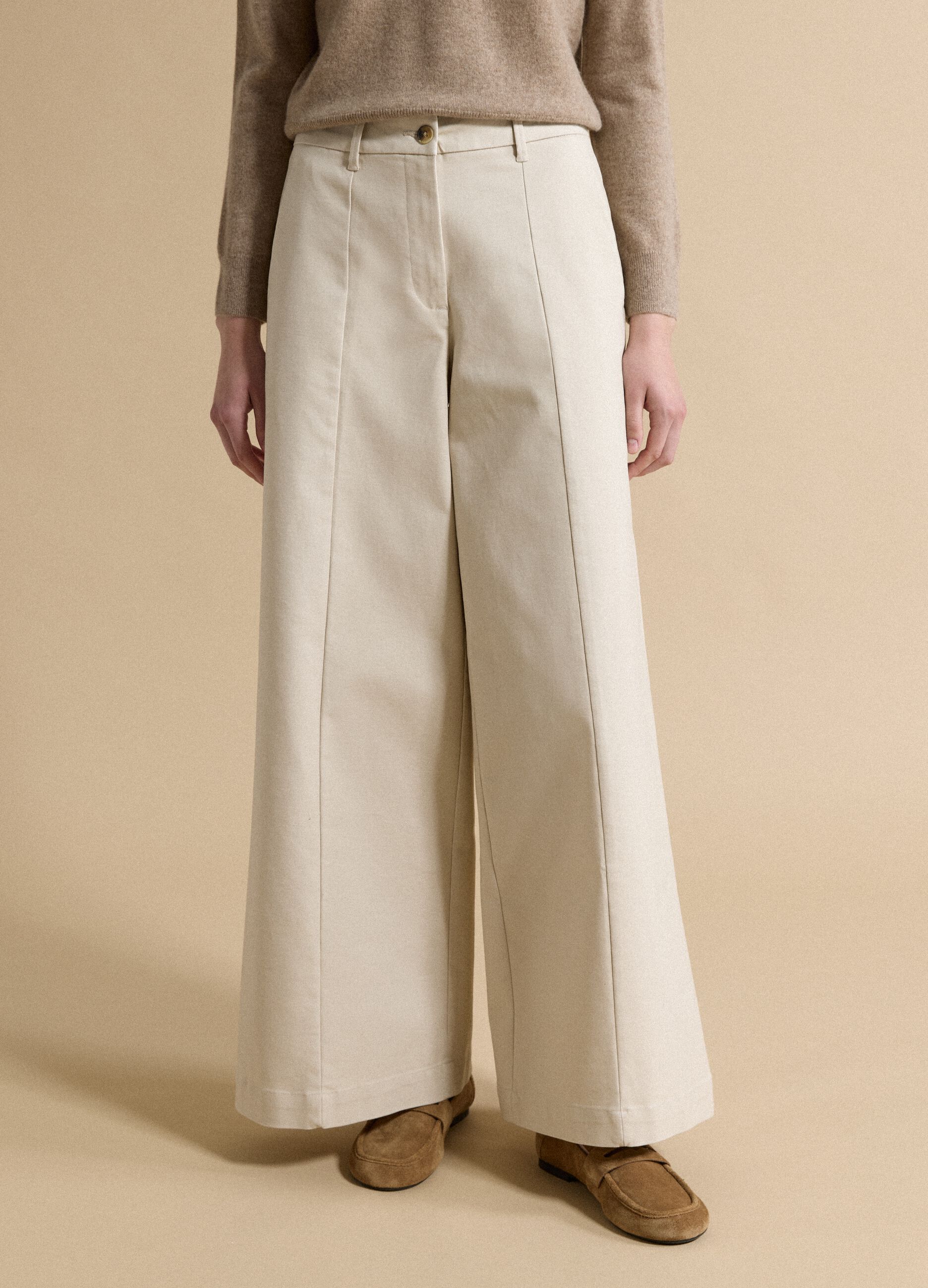 Beige flared stretch cotton trousers