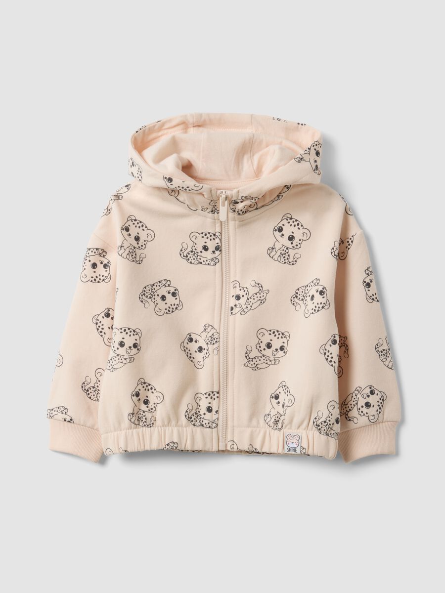Felpa rosa con cappuccio in cotone elasticizzato con zip e stampa all over per bimba_0