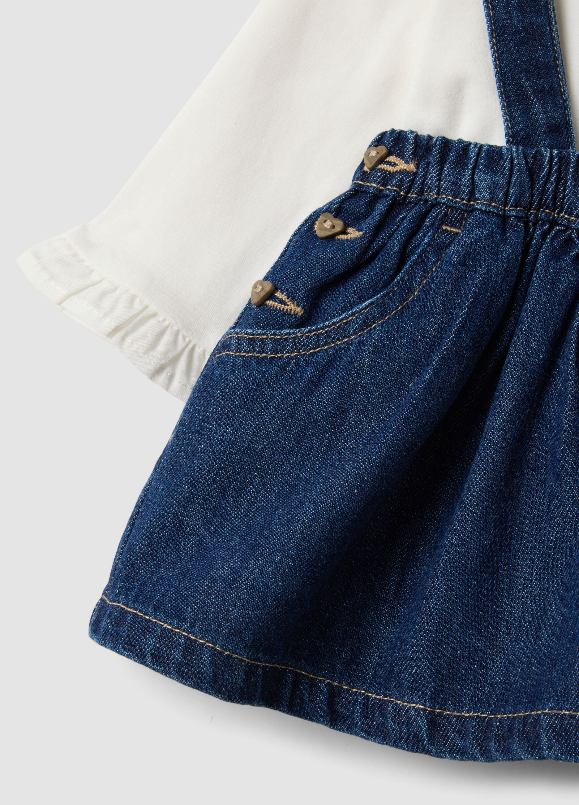 Blue and white cotton-viscose blend set with classic collar for baby girl