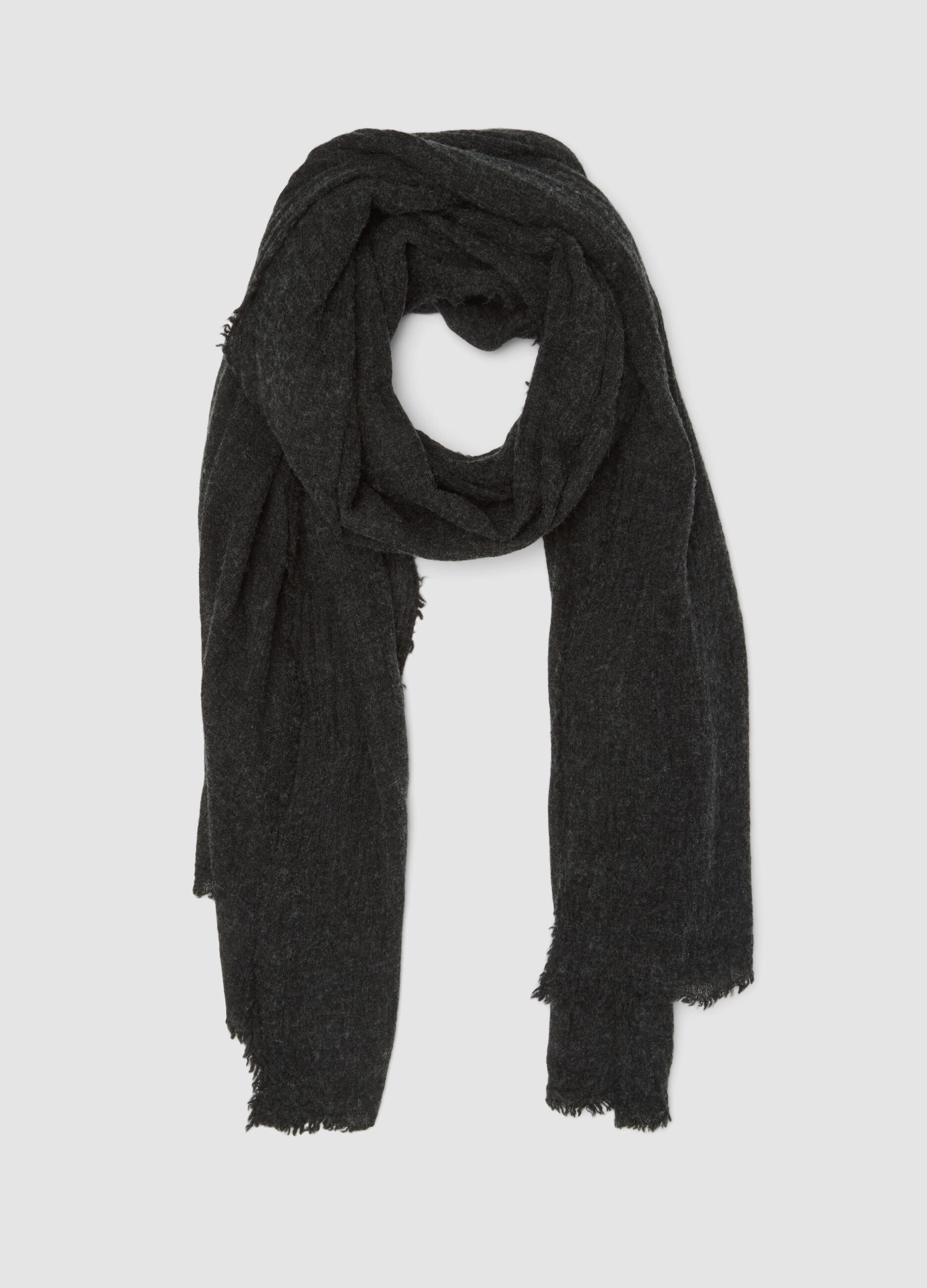 Black wool-blend scarf with fringed edges