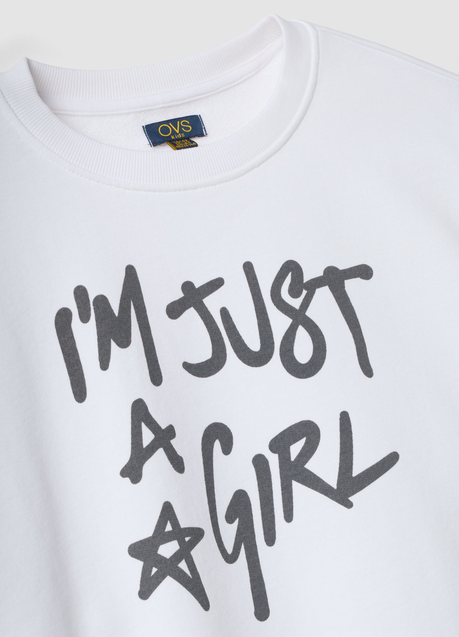White pure cotton sweatshirt with front slogan, relaxed fit for girls